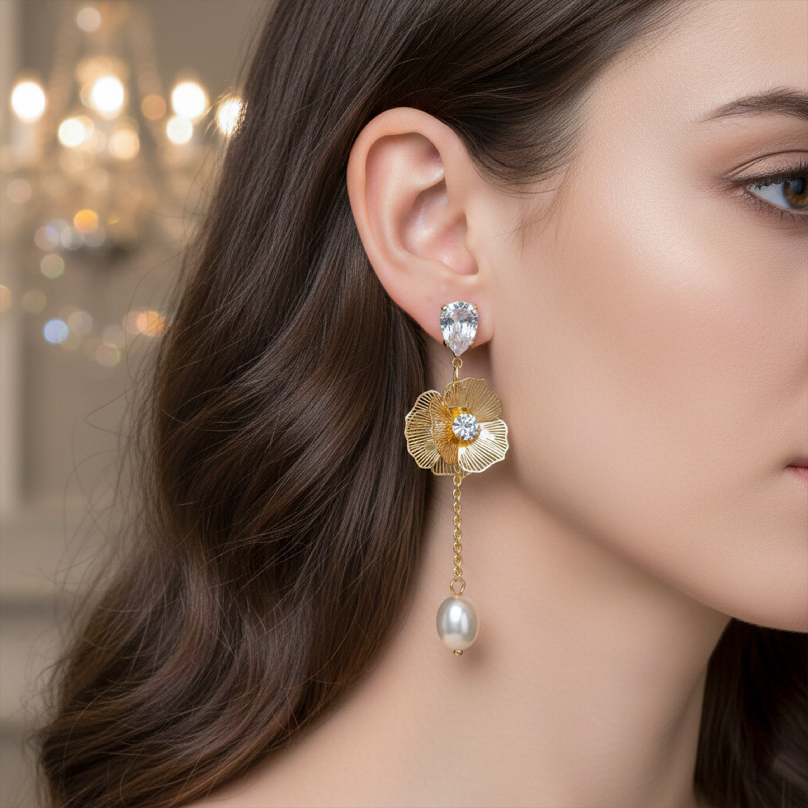 Drop Earrings with Crystal & Pearl Accent GWE -166