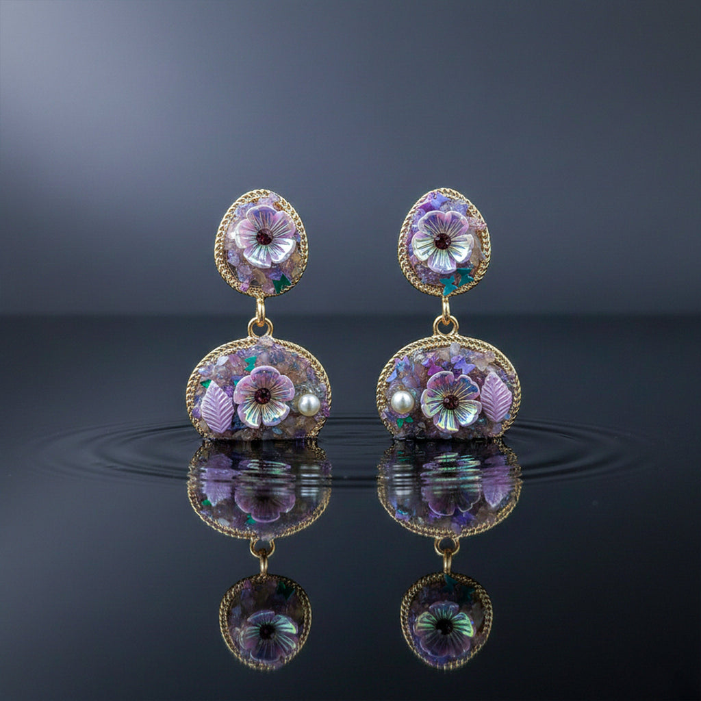 Lavender Floral Stone Drop Earrings GWE -244