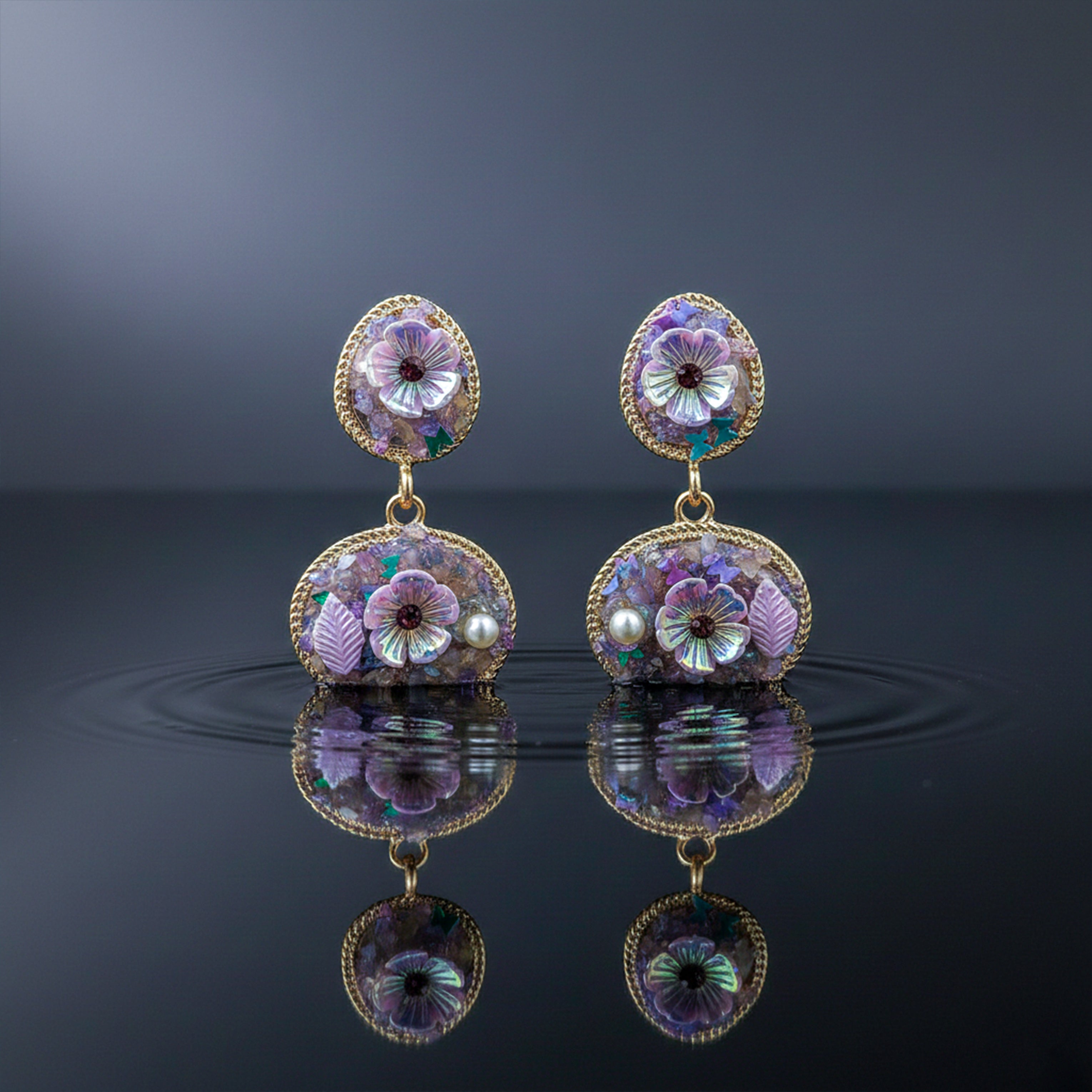 Lavender Floral Stone Drop Earrings GWE -244