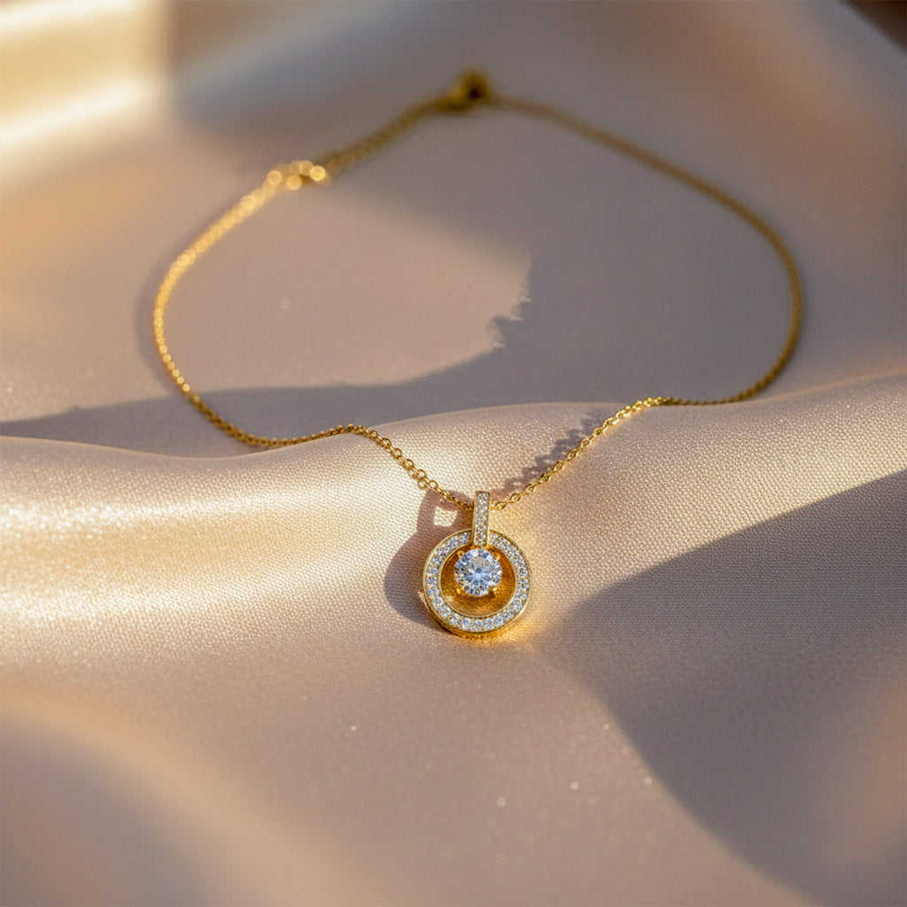 Classic Round Halo CZ Gold Necklace GWN -139