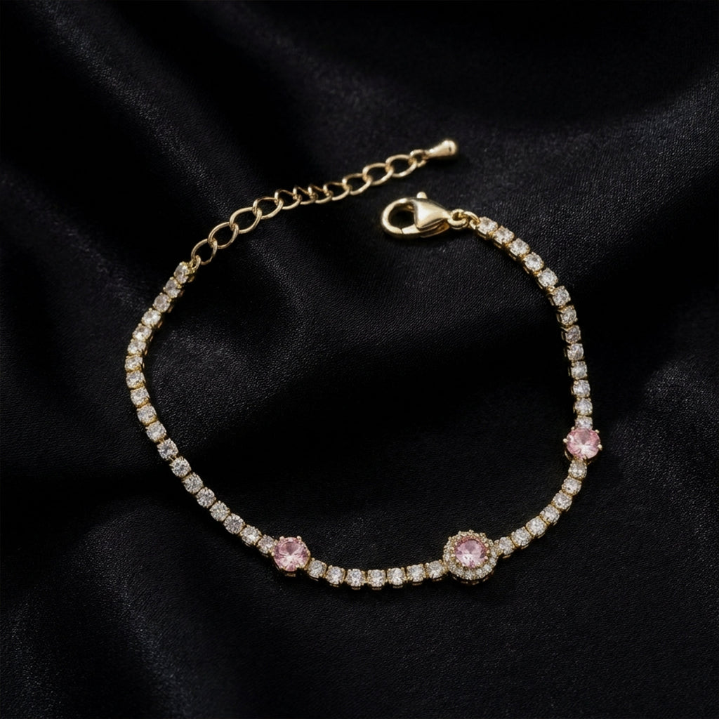 Gold Pink Halo Tennis Bracelet GWB -105