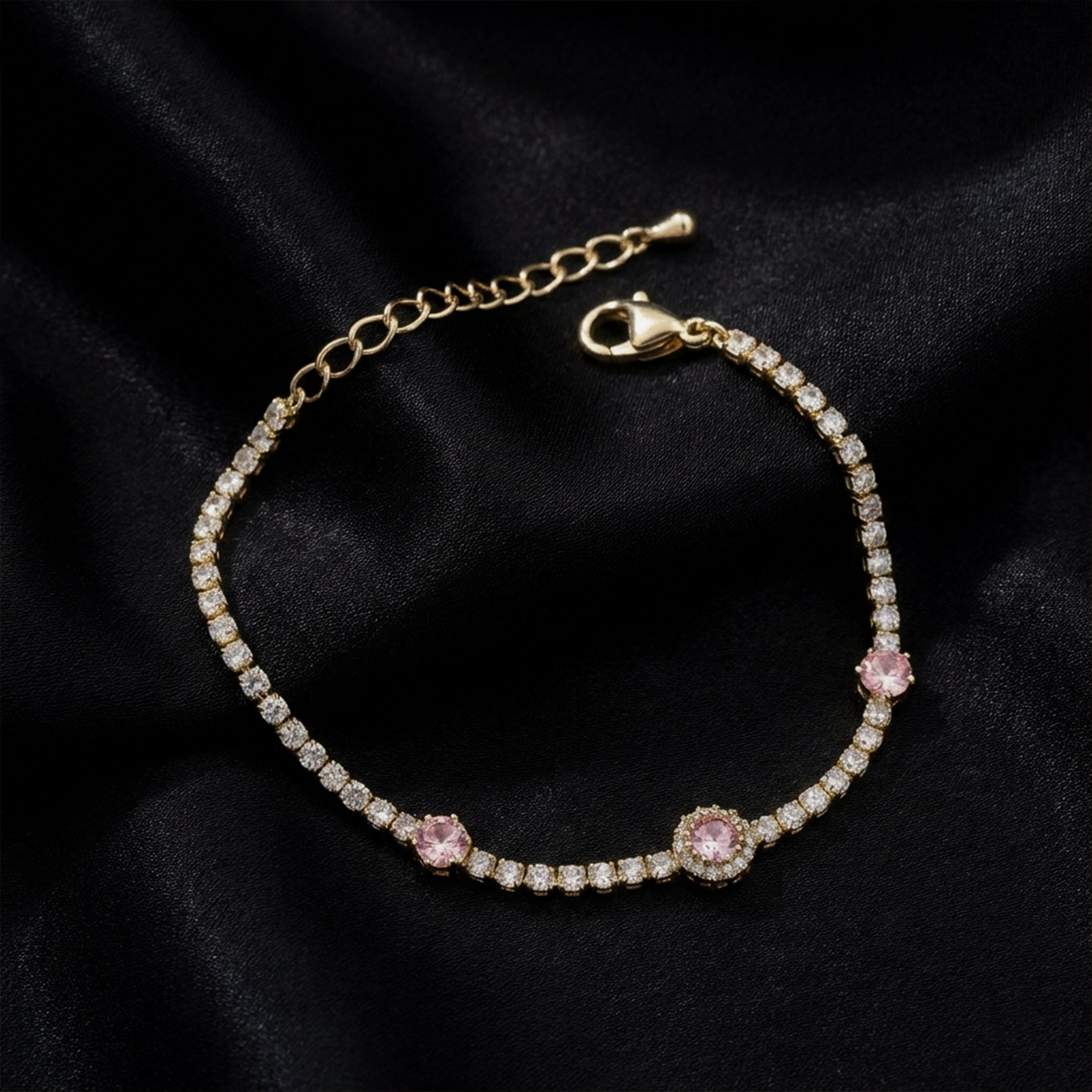 Gold Pink Halo Tennis Bracelet GWB -105
