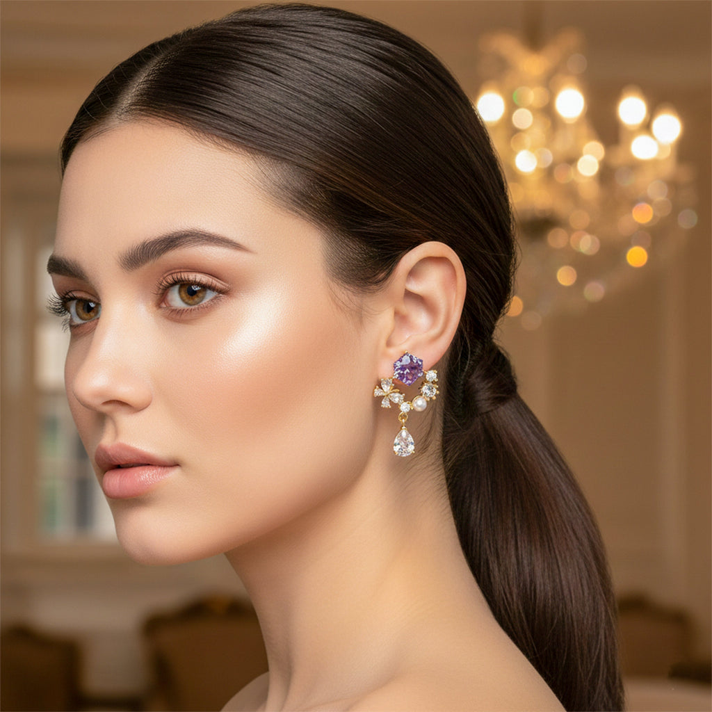 Multi-Stone Floral Gold Drop Earrings GWE -168