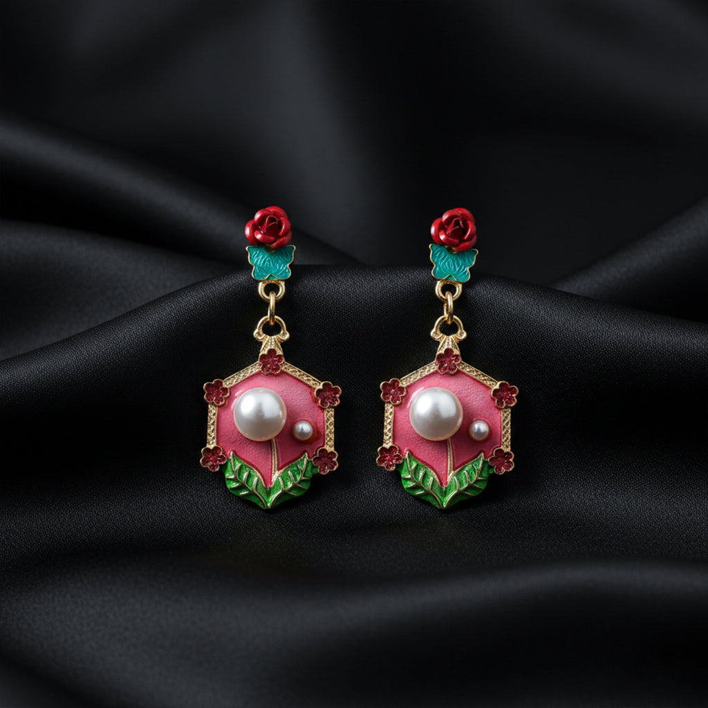 Red Floral Pearl Earrings GWE -228