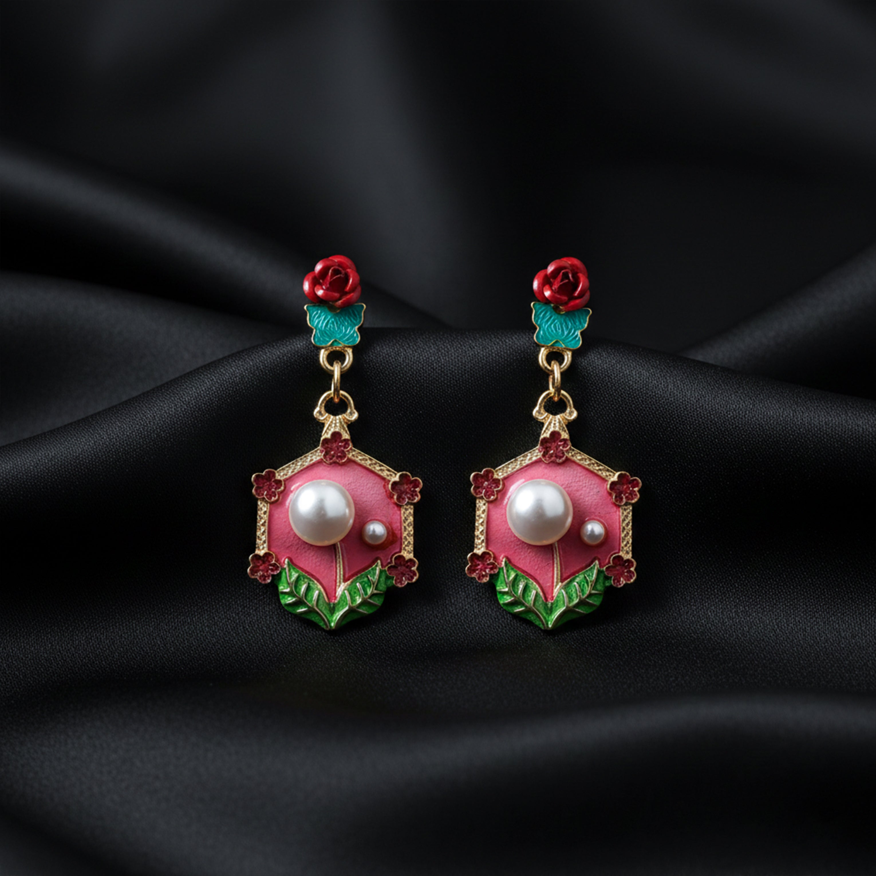 Red Floral Pearl Earrings GWE -228