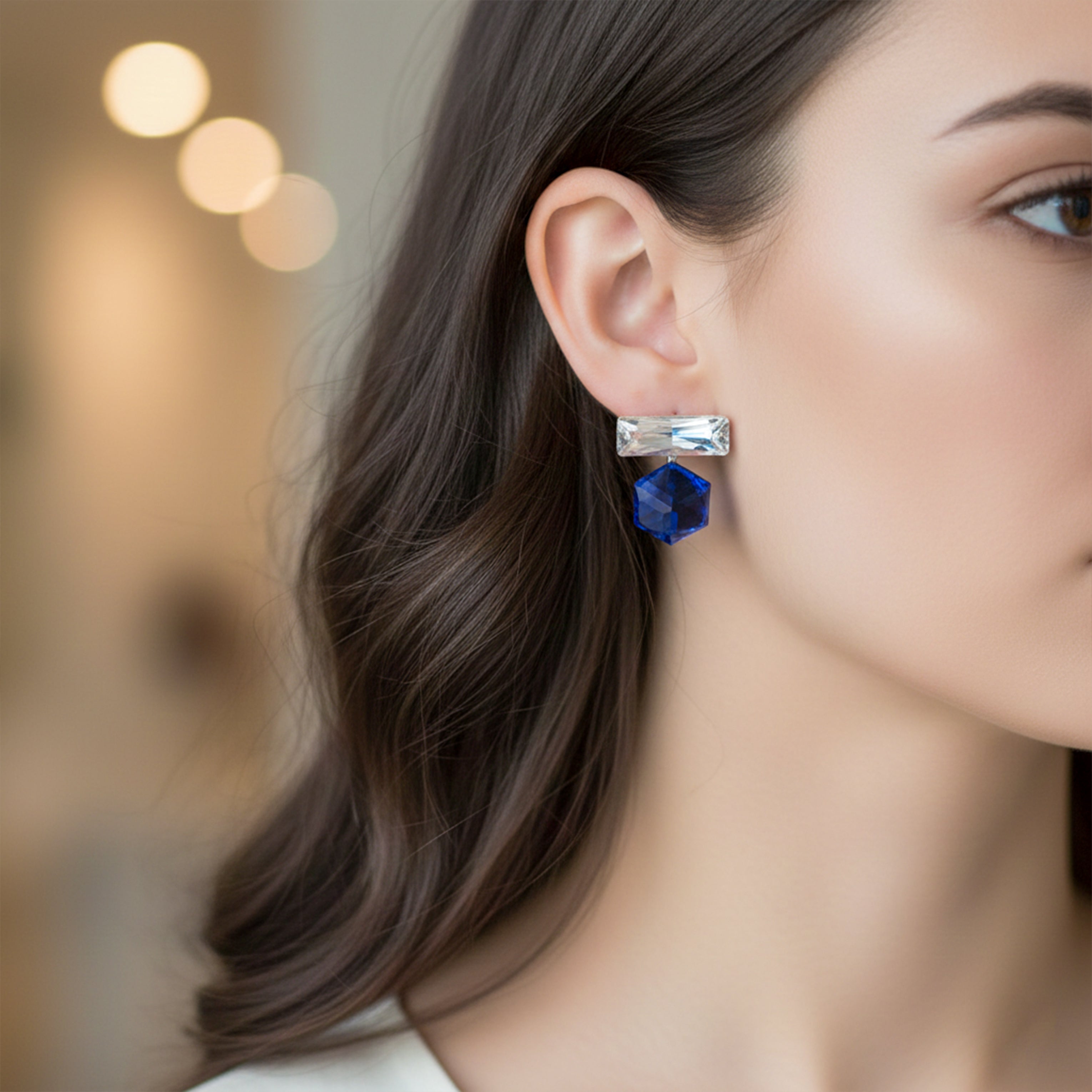 Blue & Clear Crystal Geometric Drop Earrings GWE -156