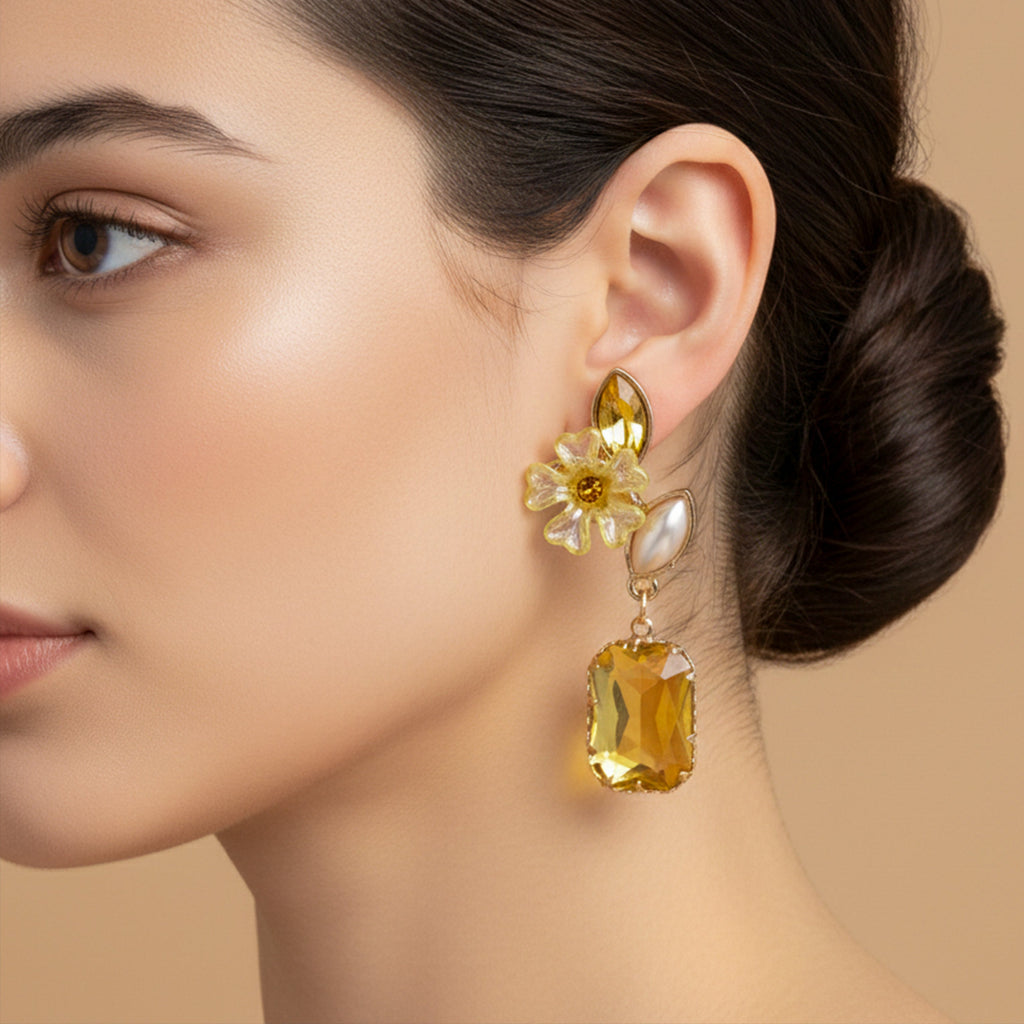 Yellow Floral Crystal Earrings GWE -245