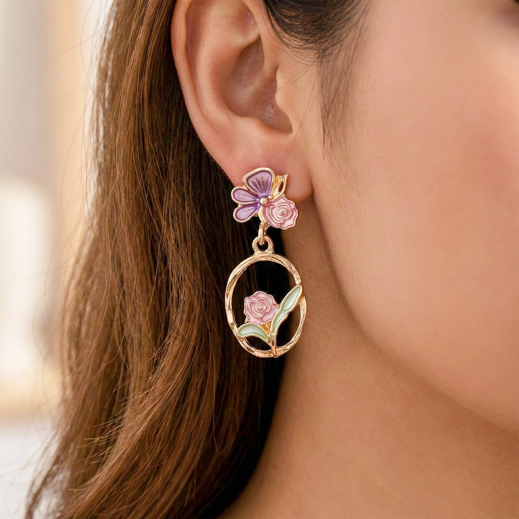 Butterfly & Rose Floral Drop Earrings GWE -177
