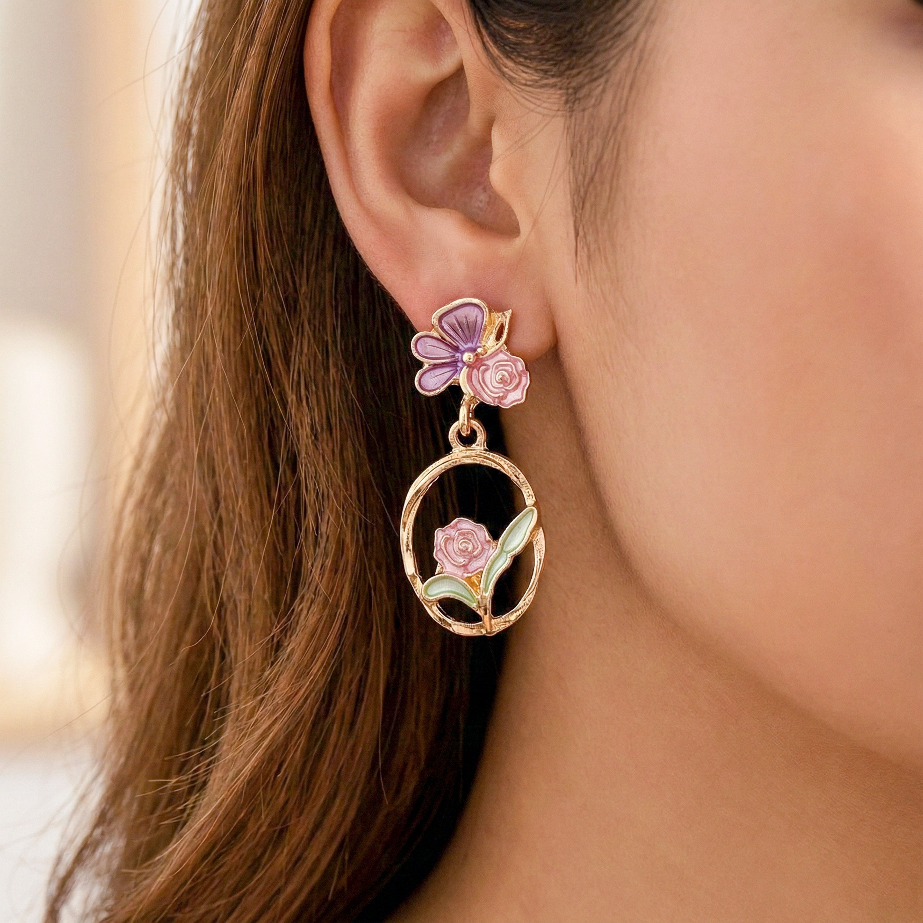 Butterfly & Rose Floral Drop Earrings GWE -177