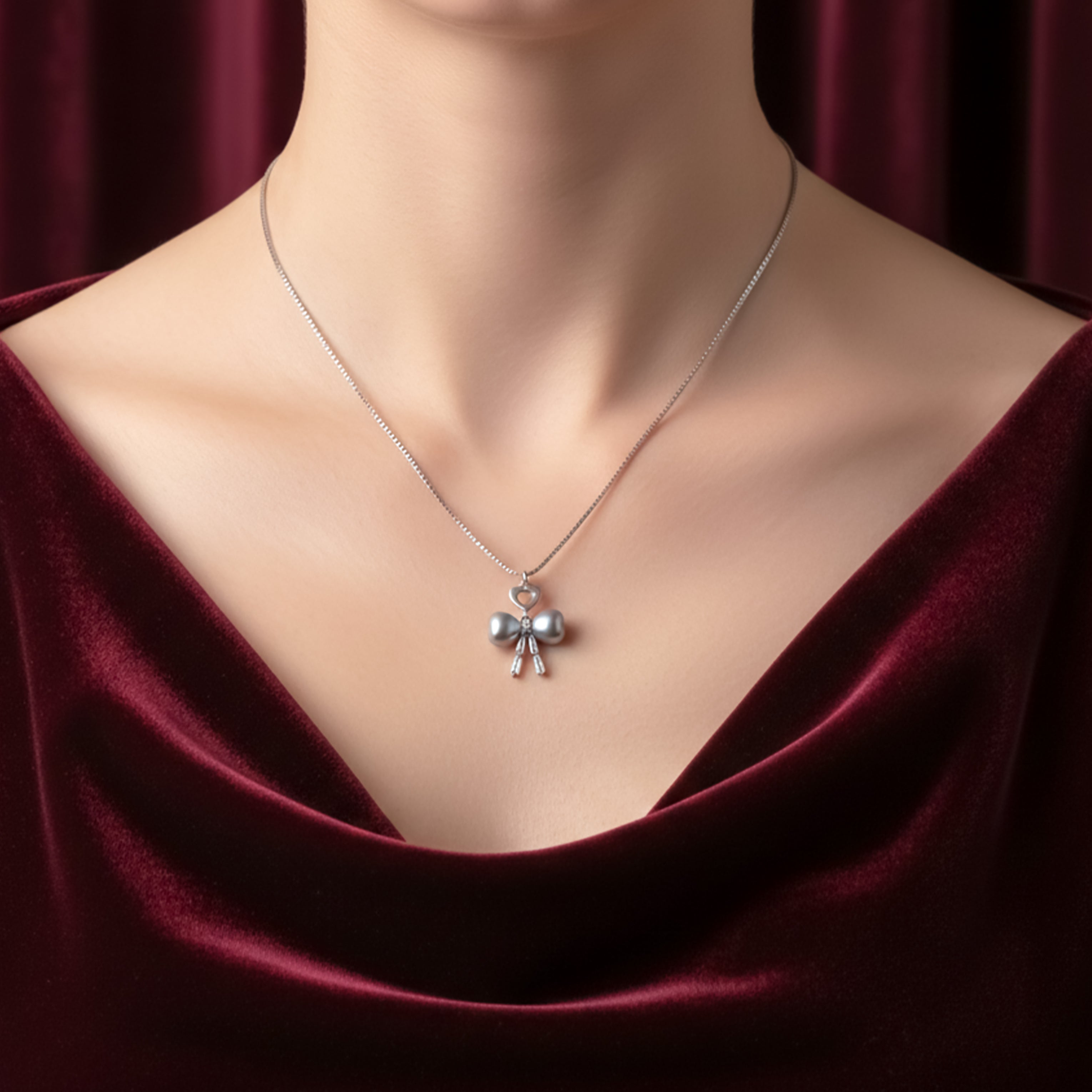 Silver Pearl Bow Heart Pendant Necklace GWN -52