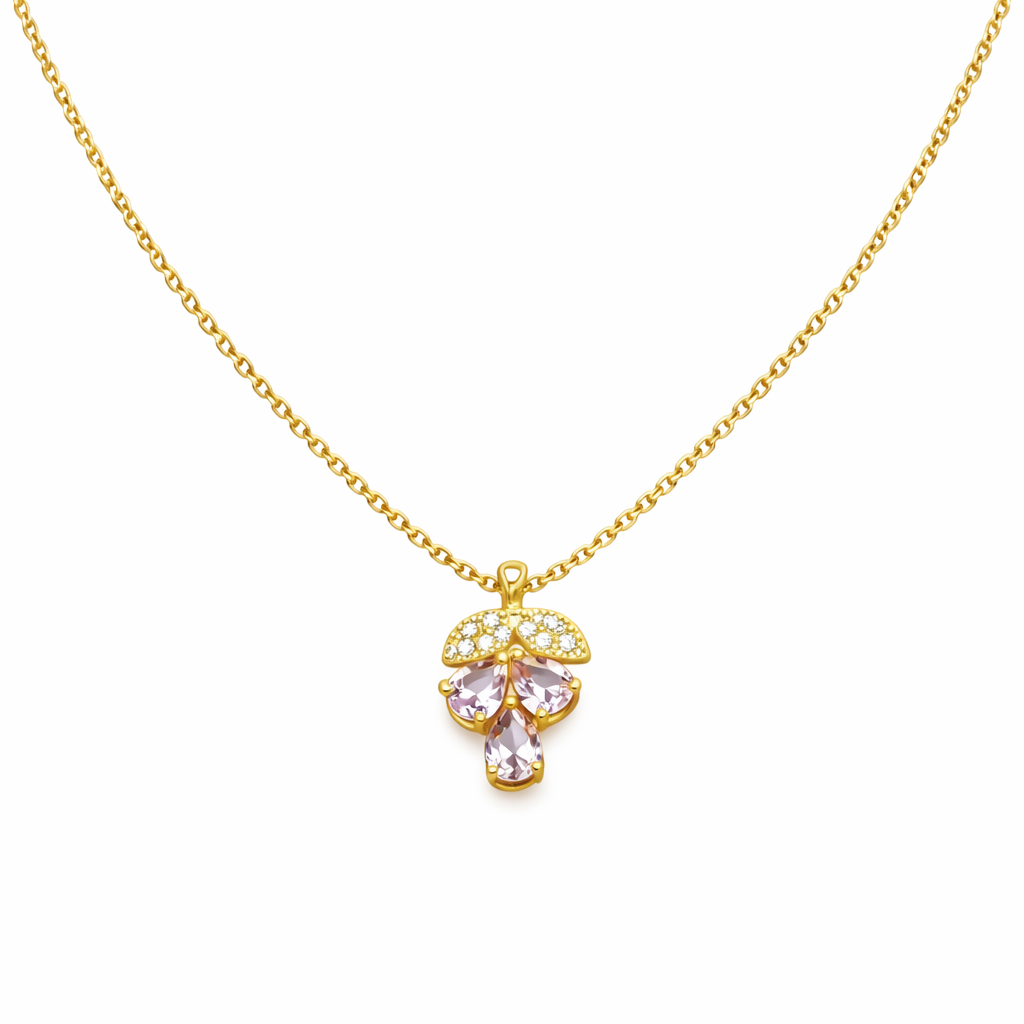 Dainty Gold and Pink Gemstone Clover Women Necklace GWN -148
