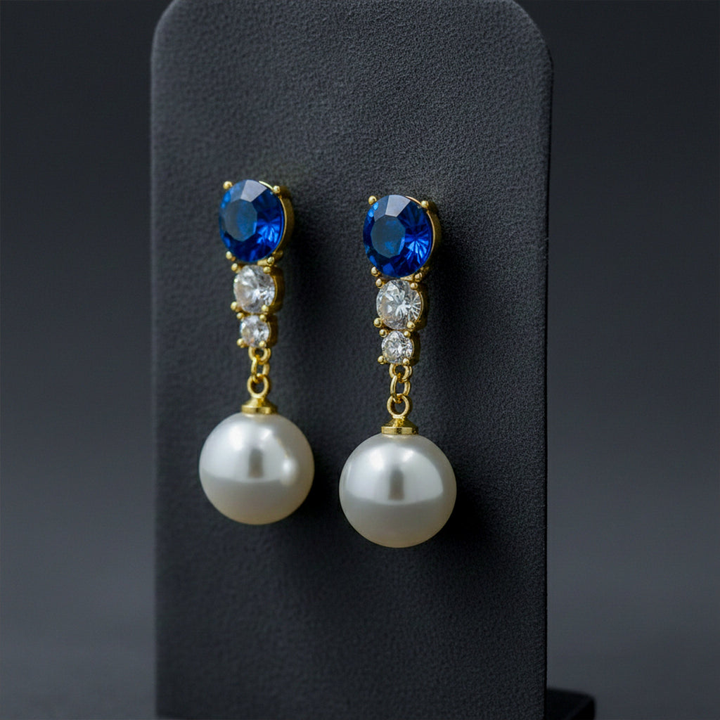 Blue Crystal & Pearl Drop Earrings GWE -143