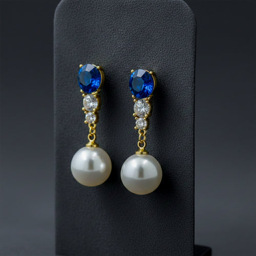 Blue Crystal & Pearl Drop Earrings GWE -143