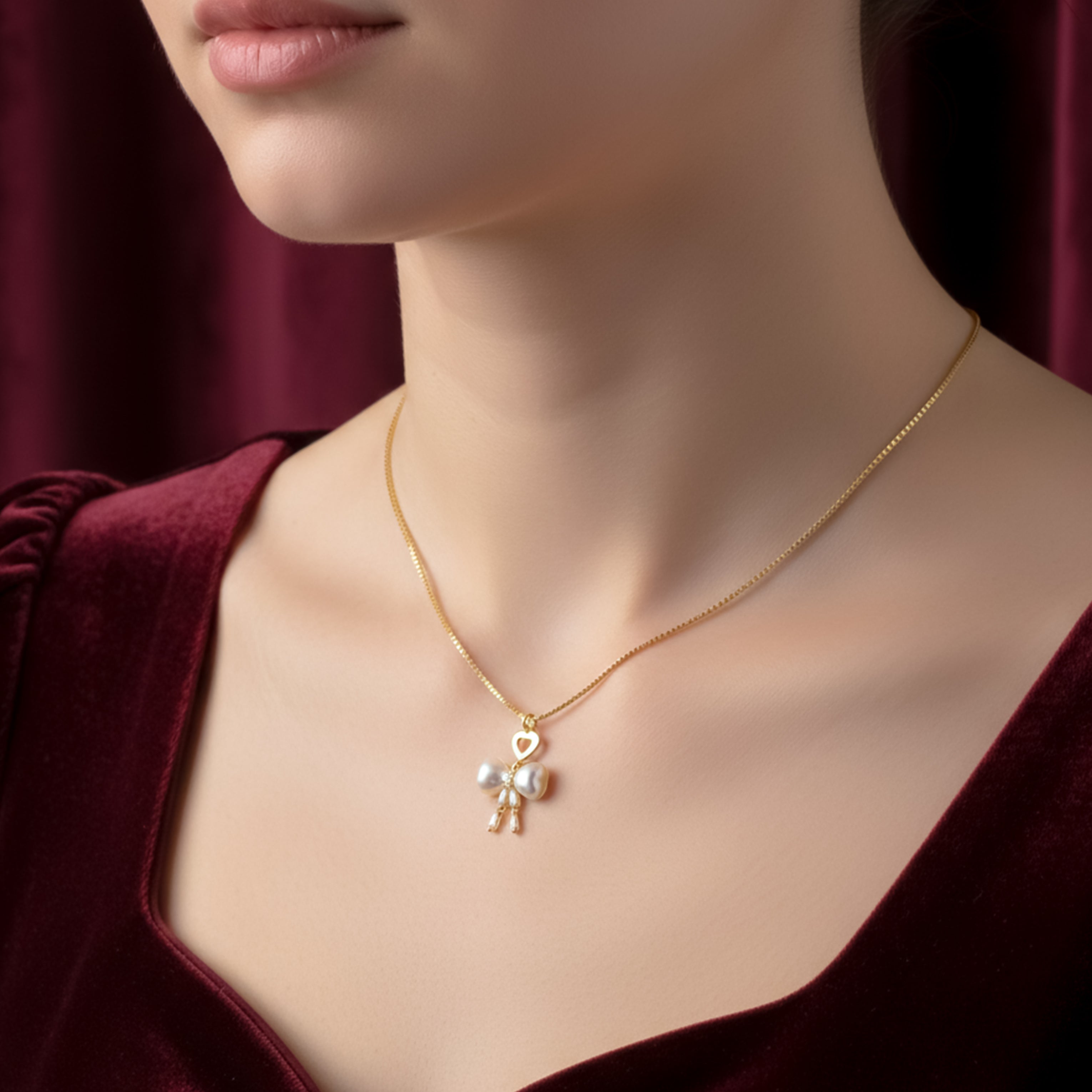 Golden Pearl Bow Heart Pendant Necklace GWN -51