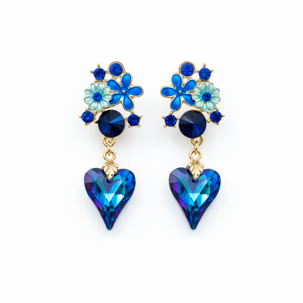 Blue Floral Heart Drop Earrings GWE -173