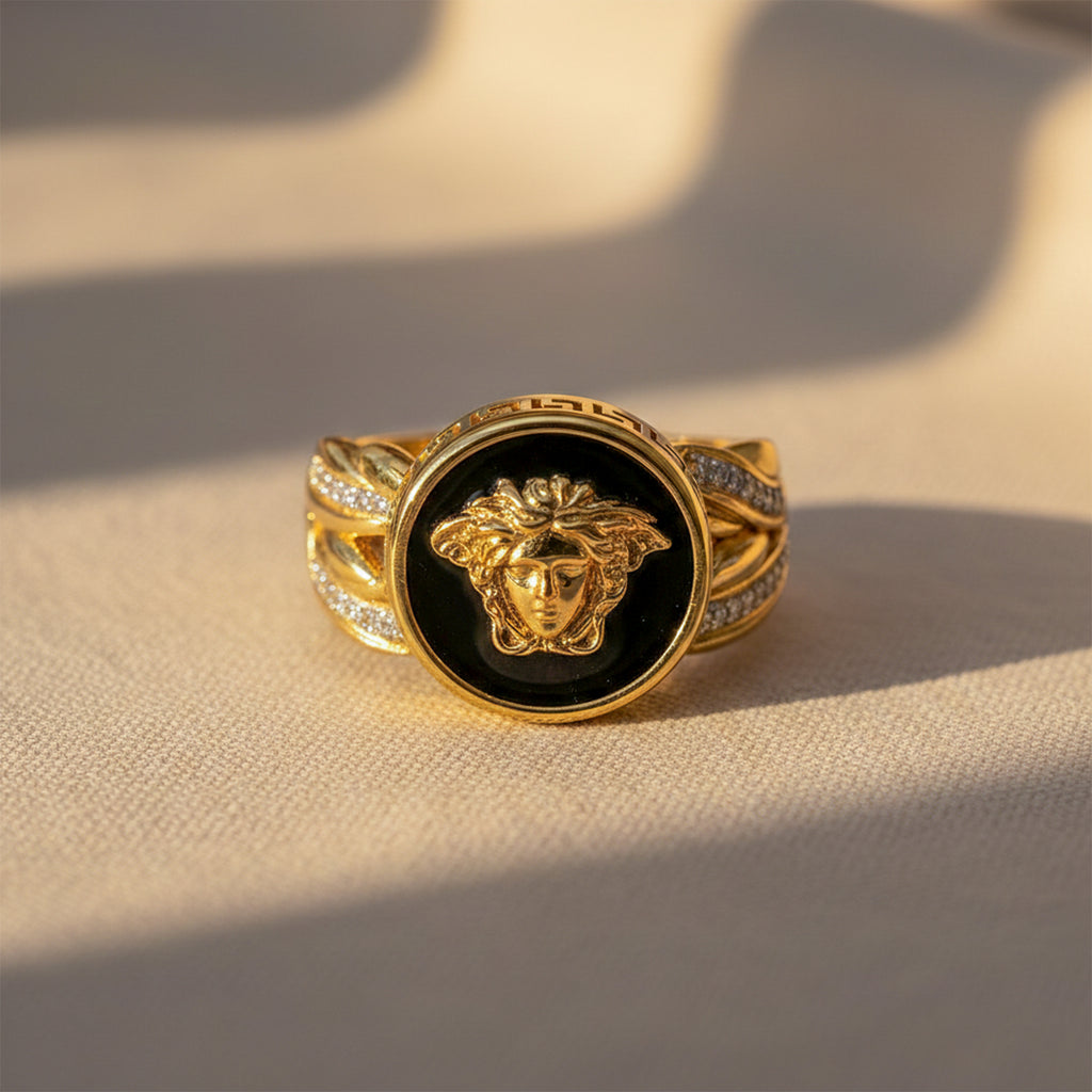Men’s Gold Medusa Black Statement Ring GMR -14