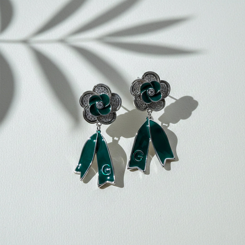 Emerald Silver Bloom Drop Earrings GWE -62