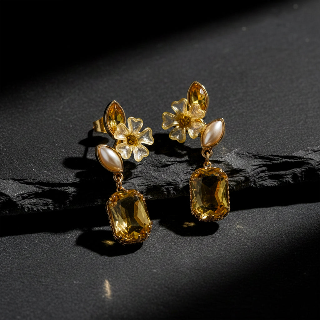 Yellow Floral Crystal Earrings GWE -245