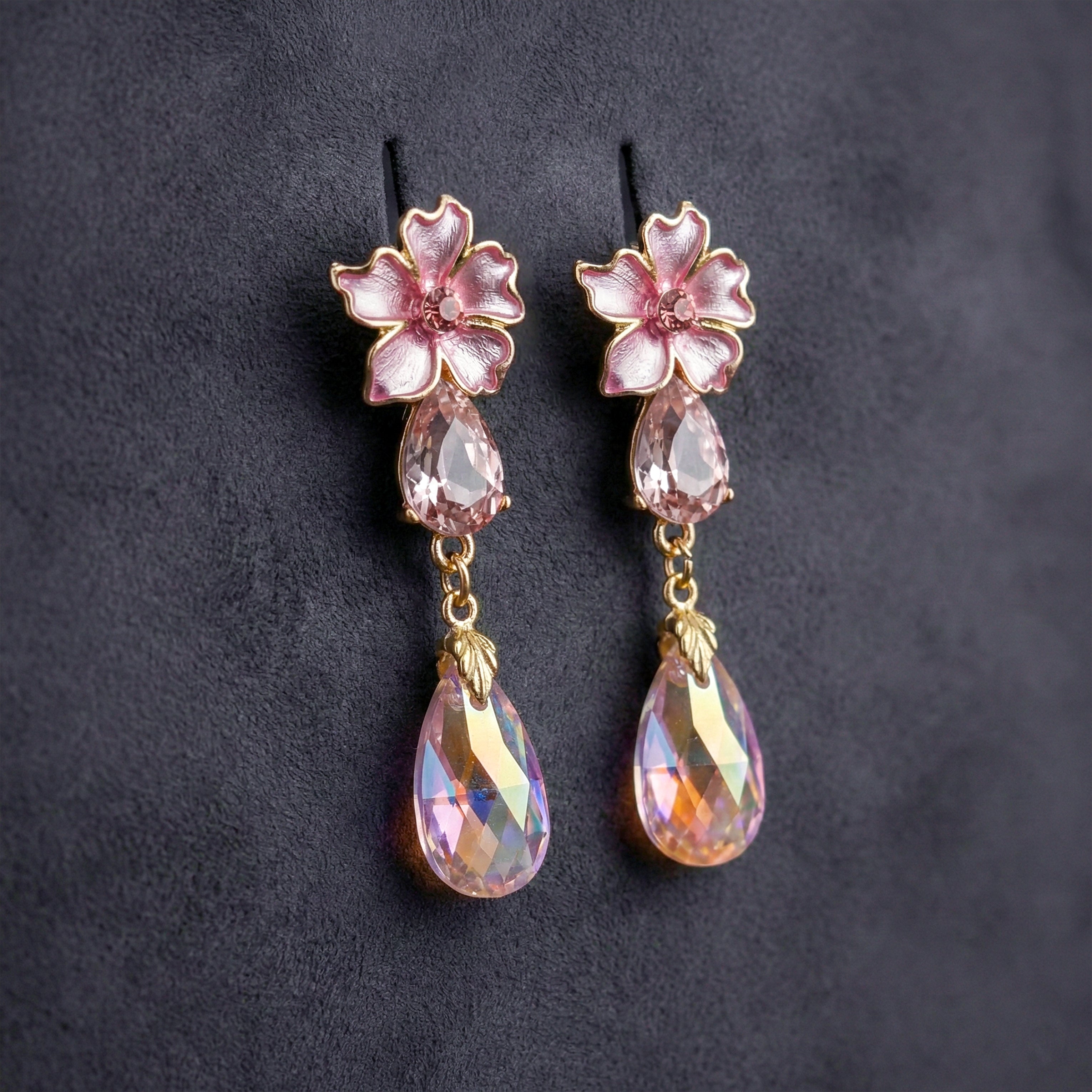 Pink Floral Crystal Drop Earrings GWE -176