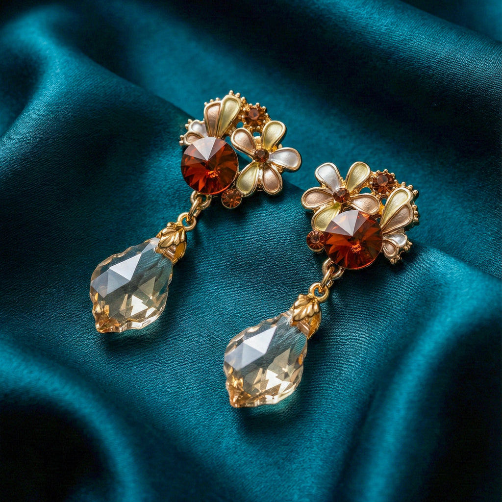 Brown Crystal Floral Drop Earrings GWE -195