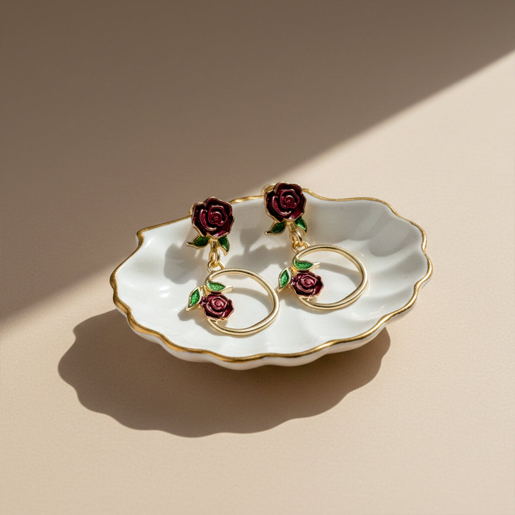 Rose Floral Hoop Drop Earrings GWE -175