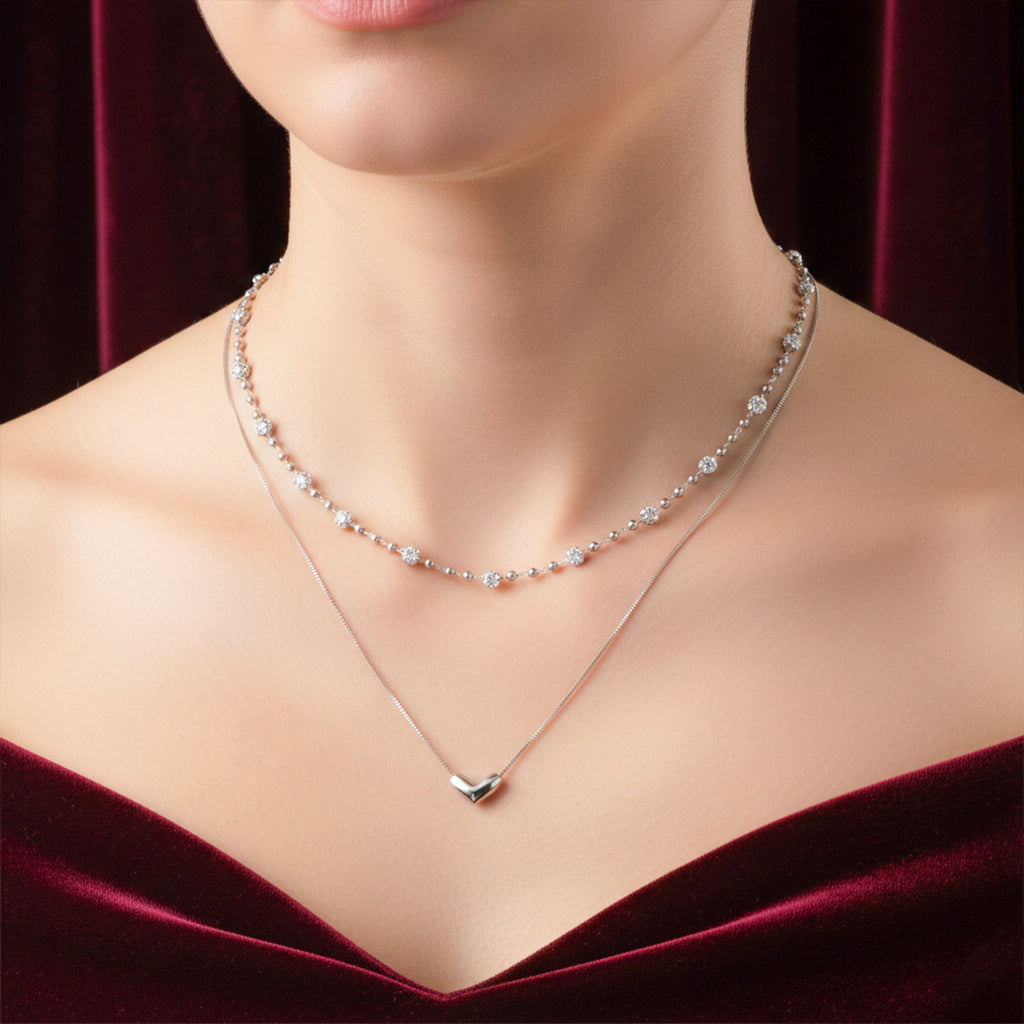 Silver Layered Heart & Spark Beaded Necklace GWN -64