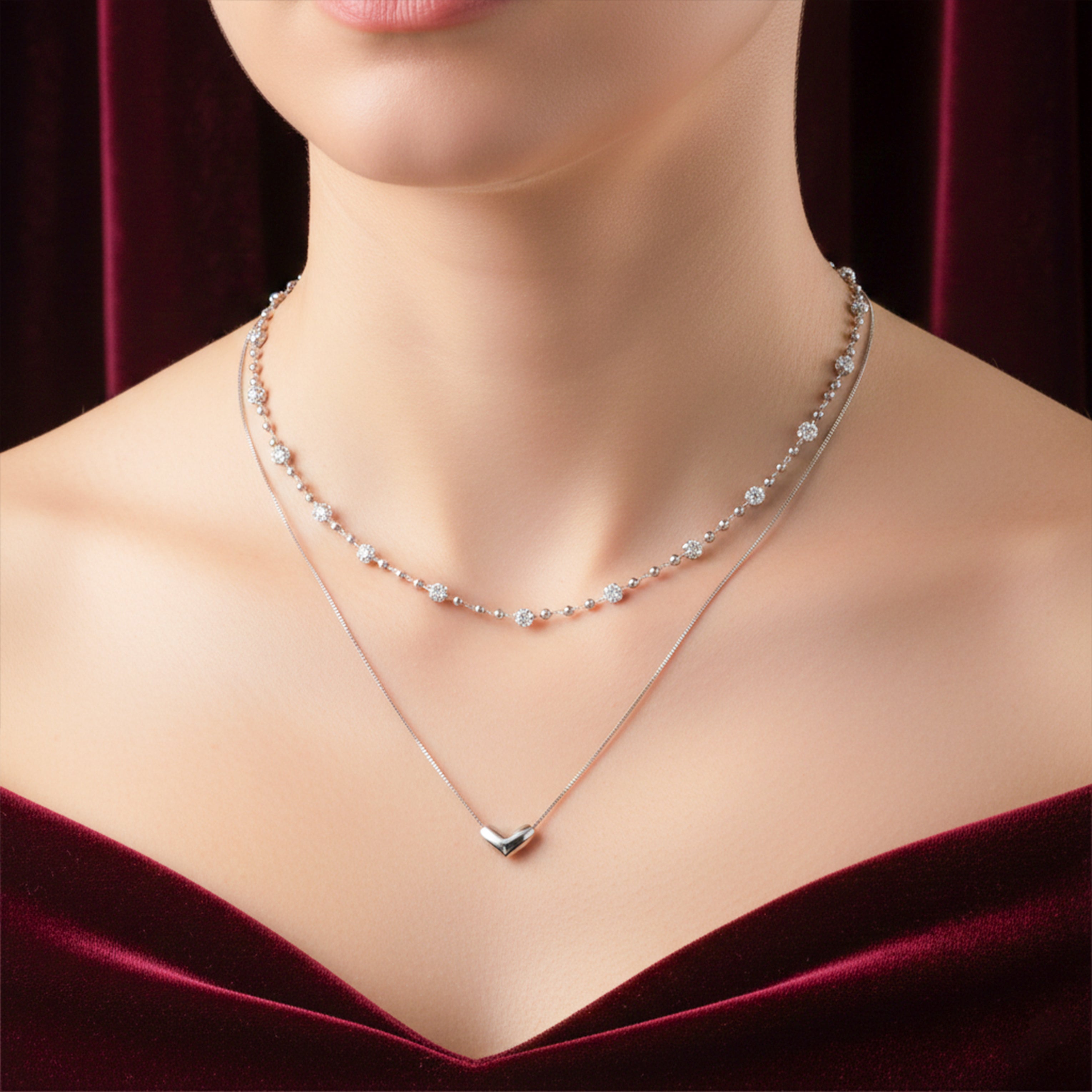Silver Layered Heart & Spark Beaded Necklace GWN -64