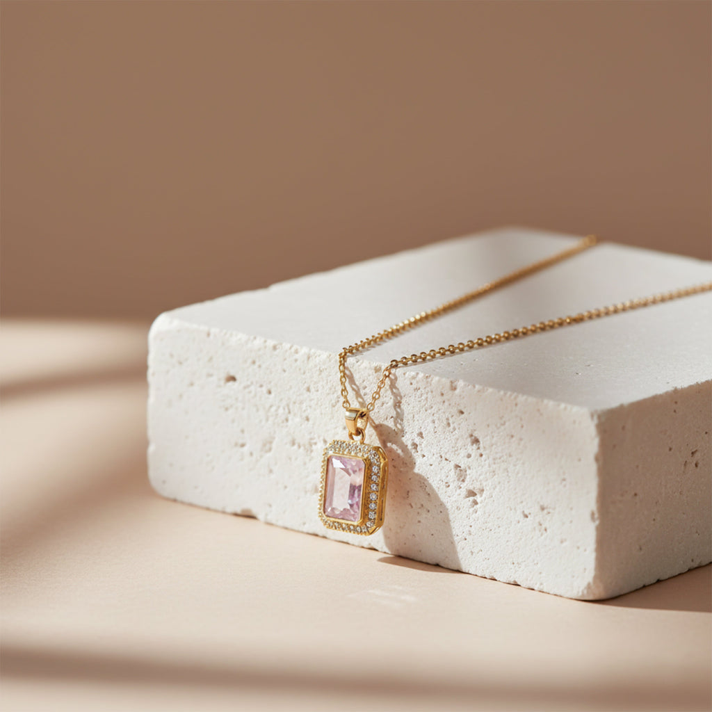 Pink Rectangle Halo Pendant Necklace GWN -152