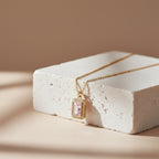 Pink Rectangle Halo Pendant Necklace GWN -152