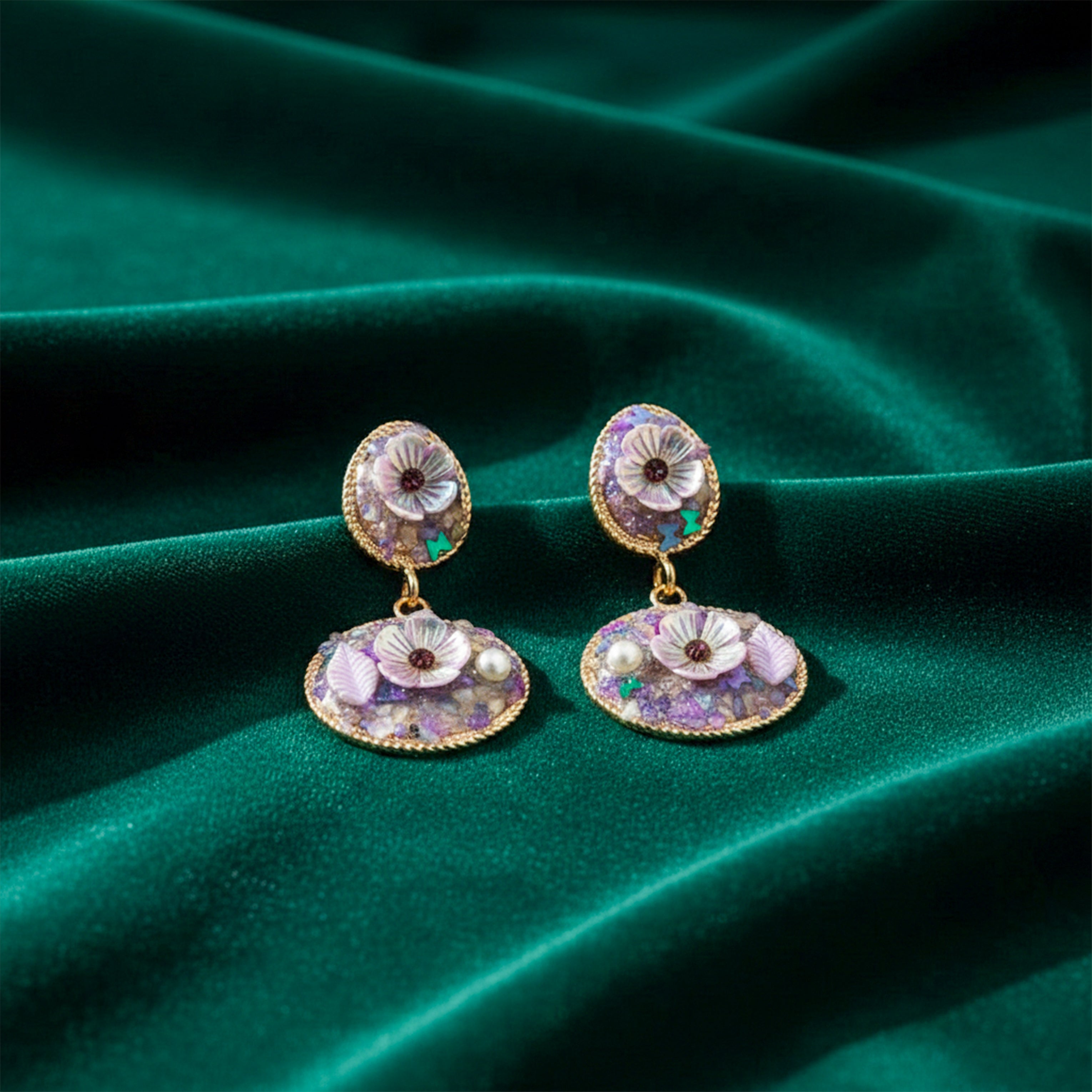 Lavender Floral Stone Drop Earrings GWE -244