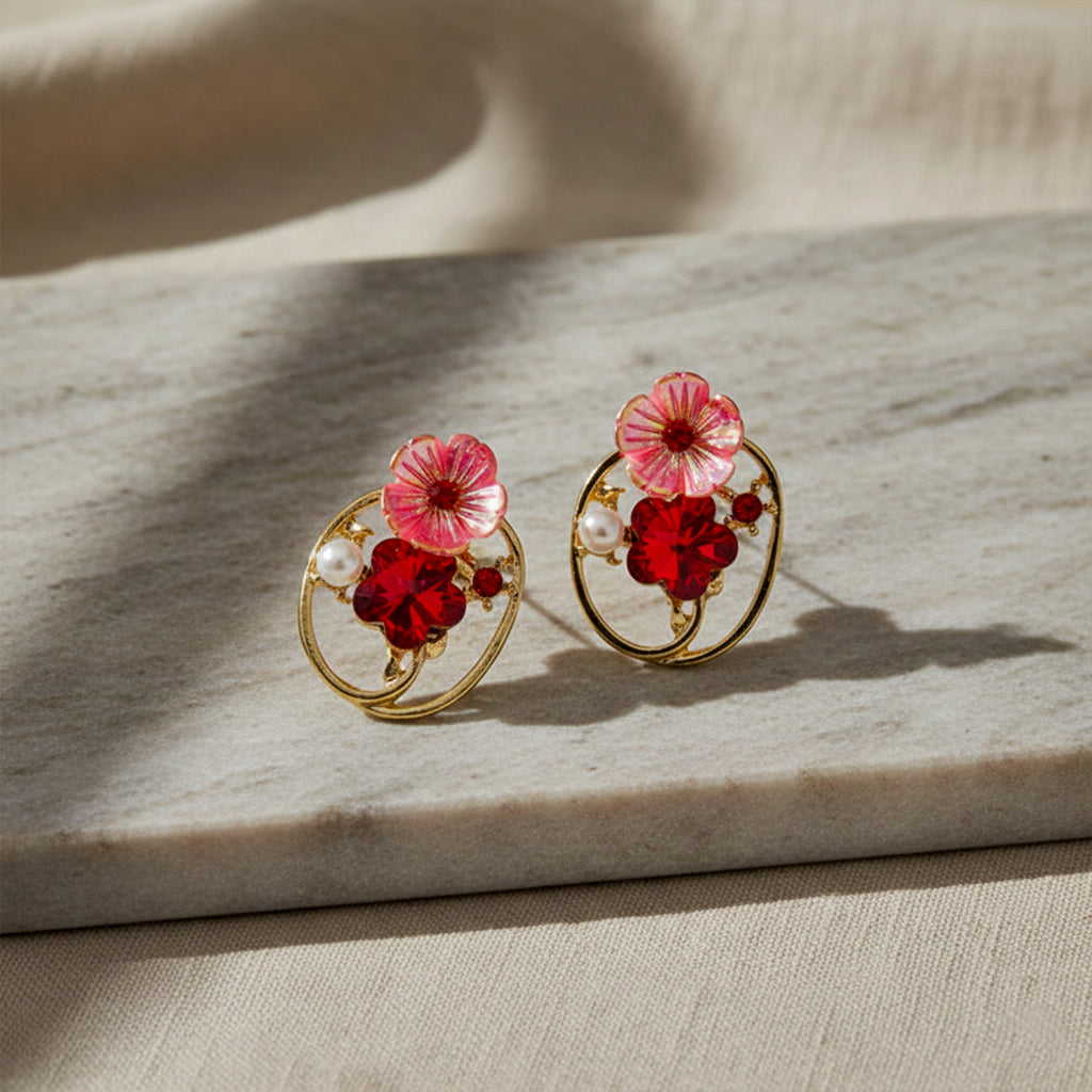 Red Floral Crystal Earrings GWE -227