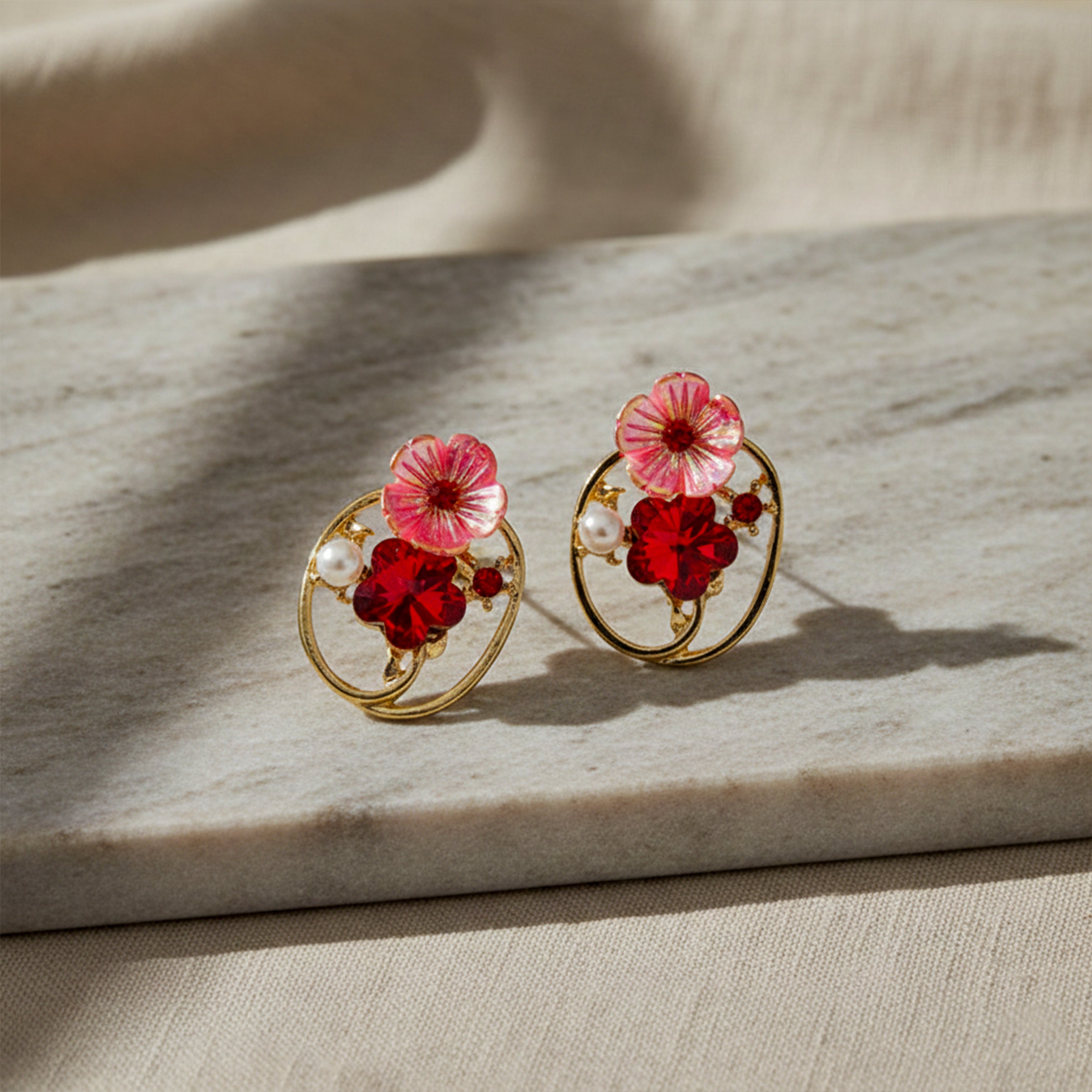 Red Floral Crystal Earrings GWE -227