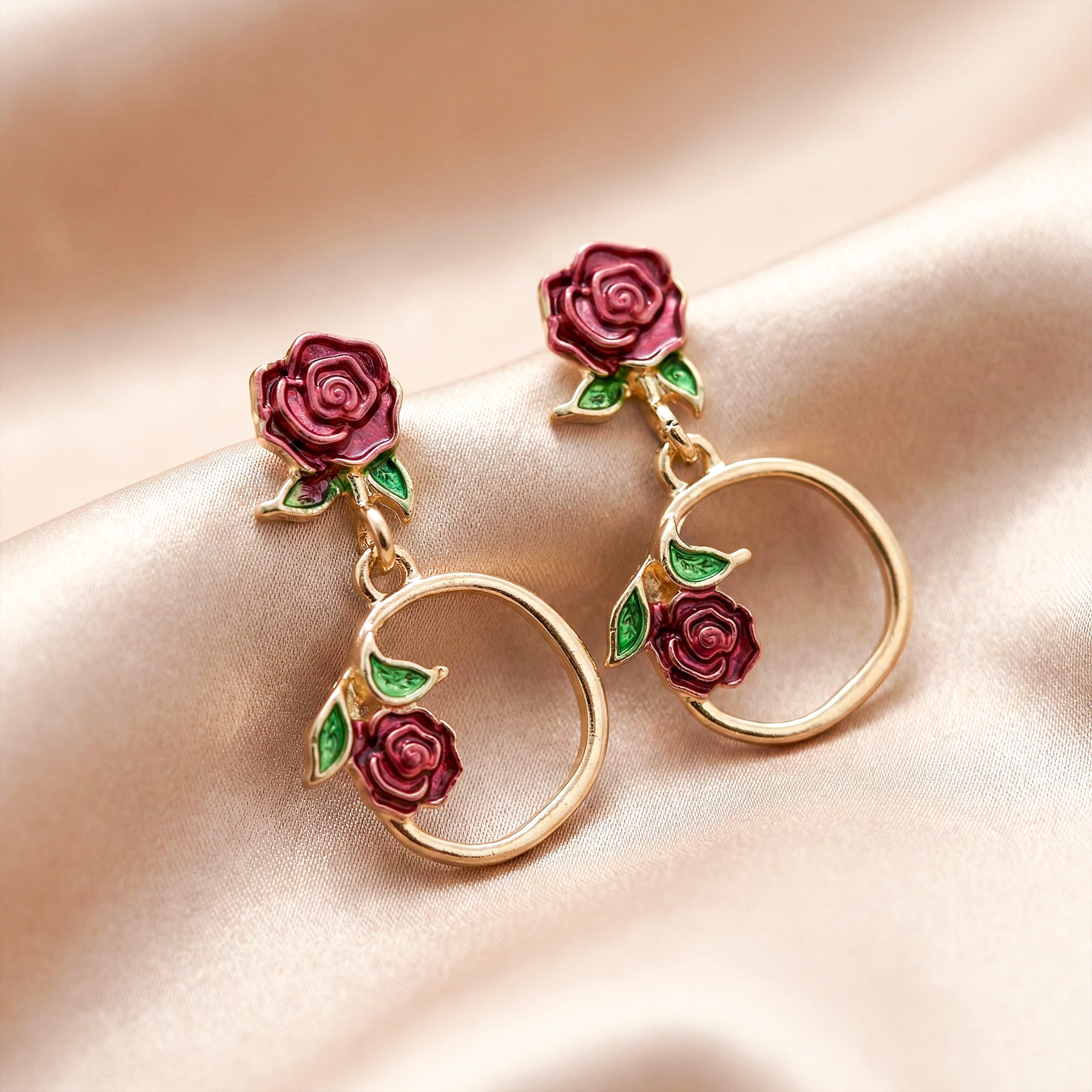 Rose Floral Hoop Drop Earrings GWE -175