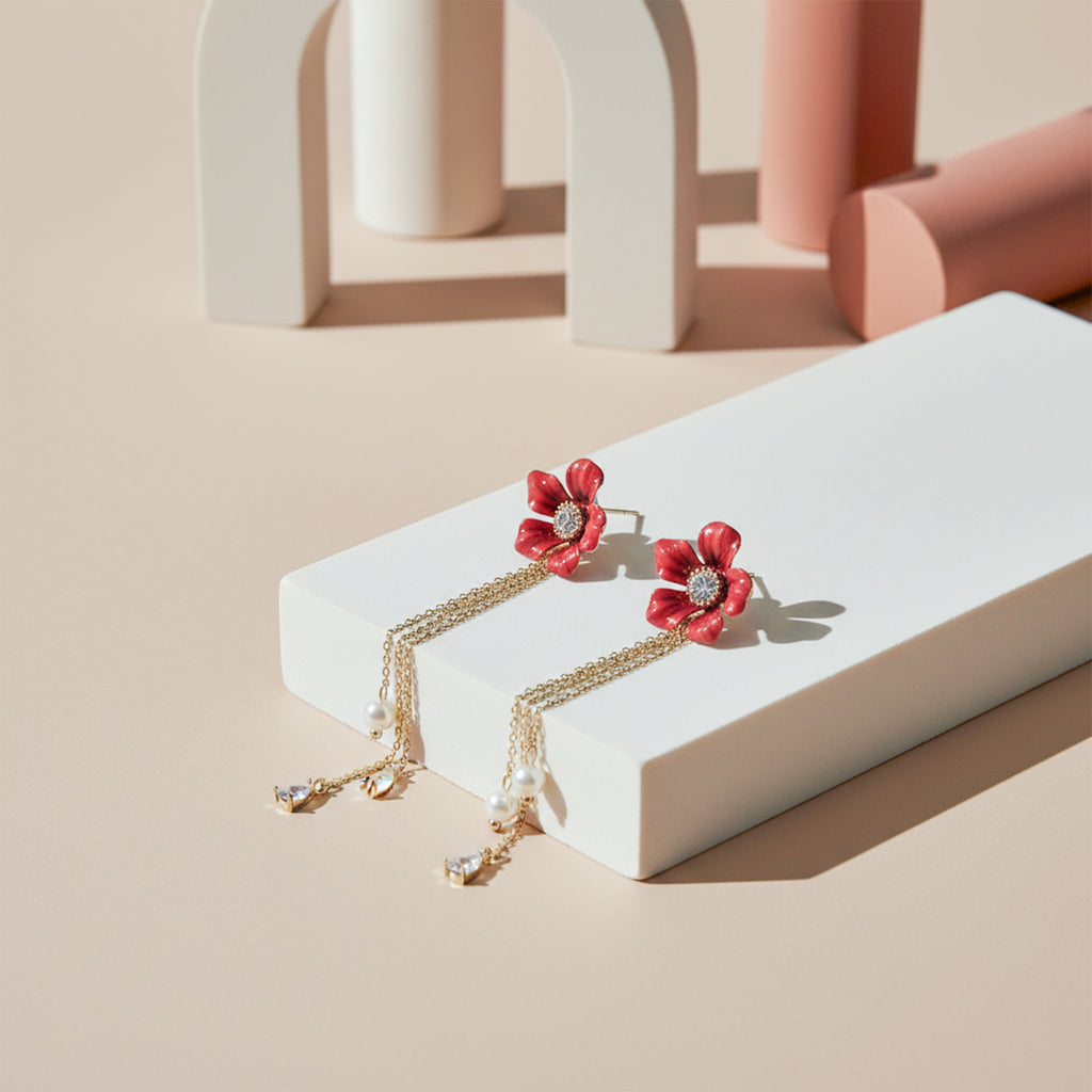 Ruby Blossom Pearl Tassel Earrings GWE -119