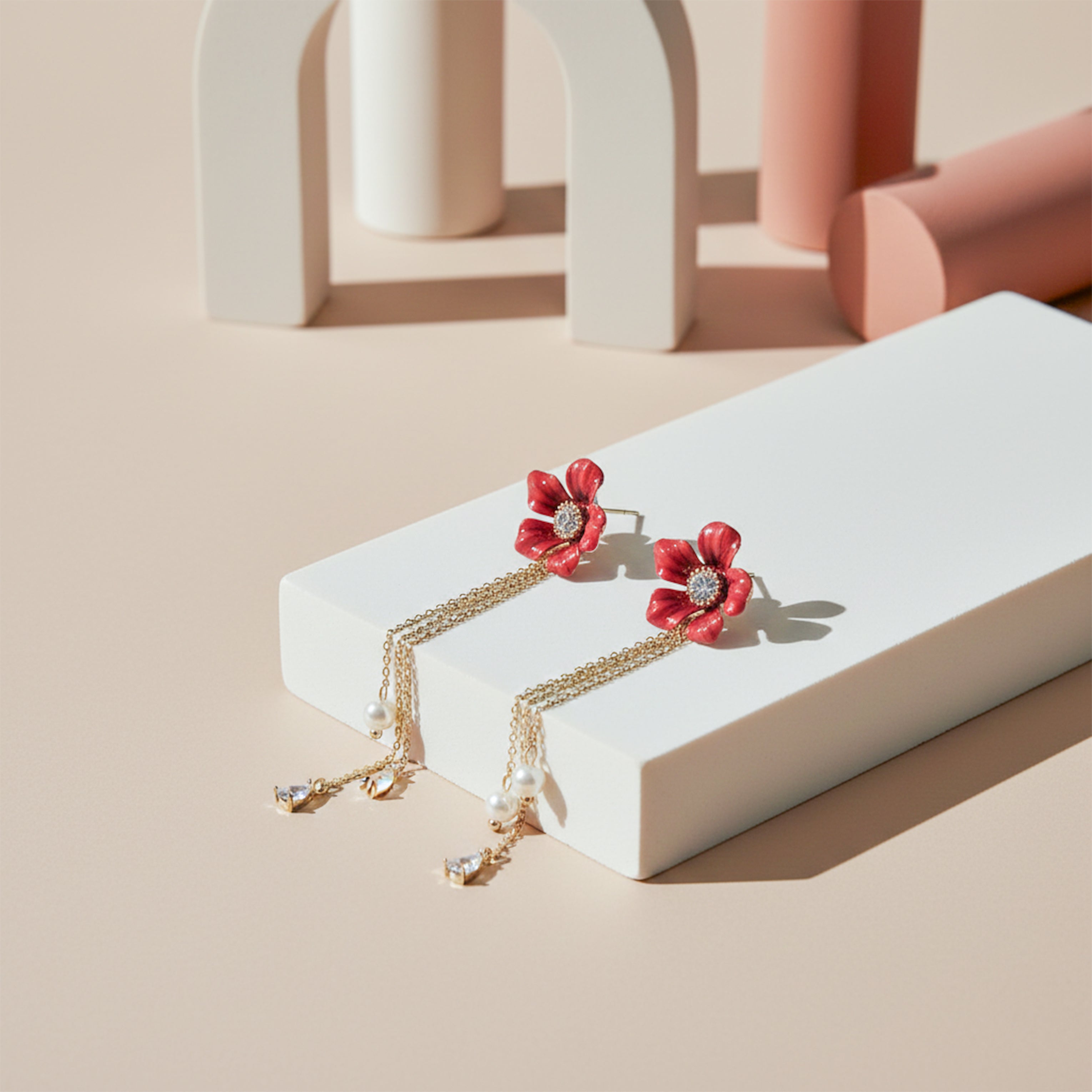 Ruby Blossom Pearl Tassel Earrings GWE -119