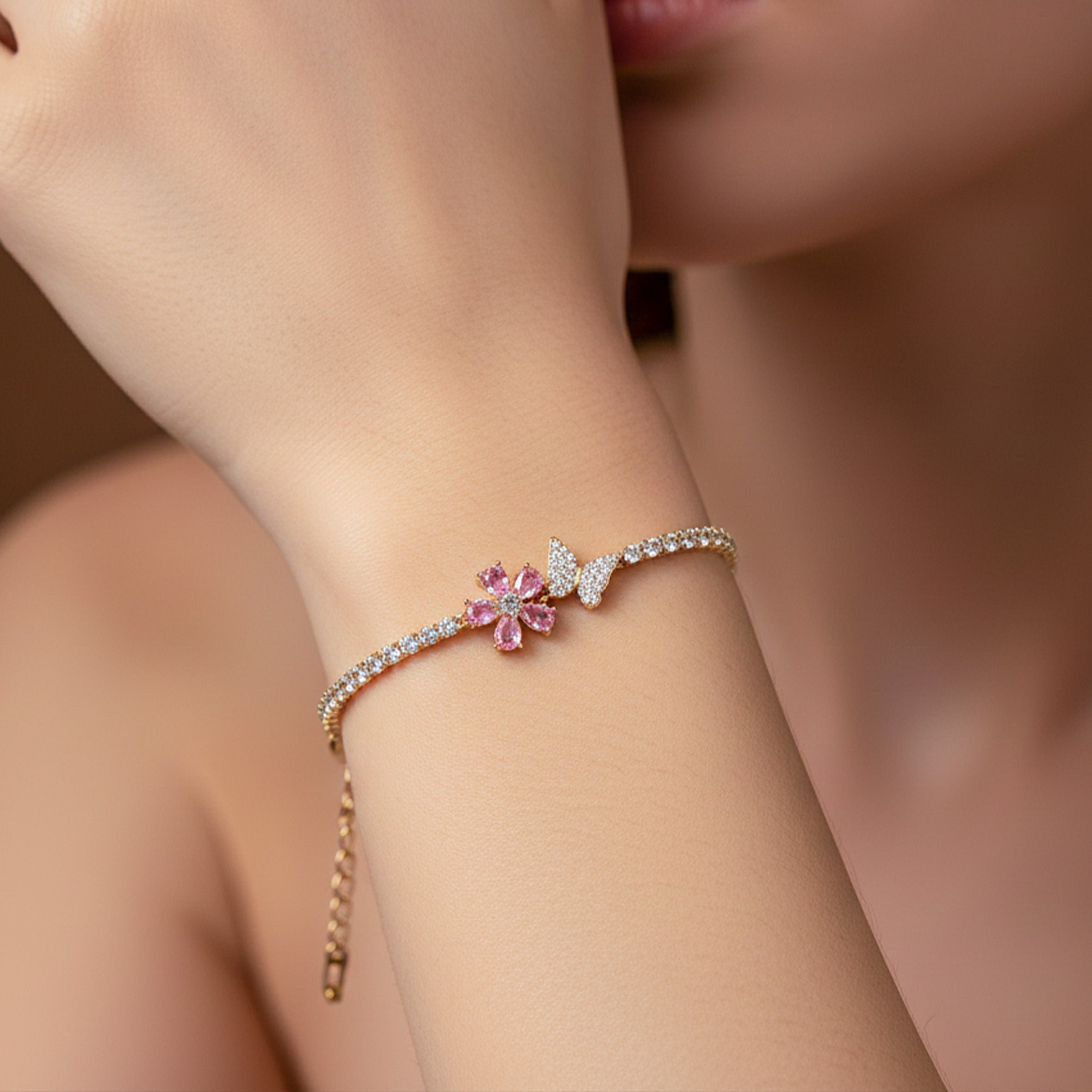 Pink Blossom Butterfly Tennis Bracelet GWB -93