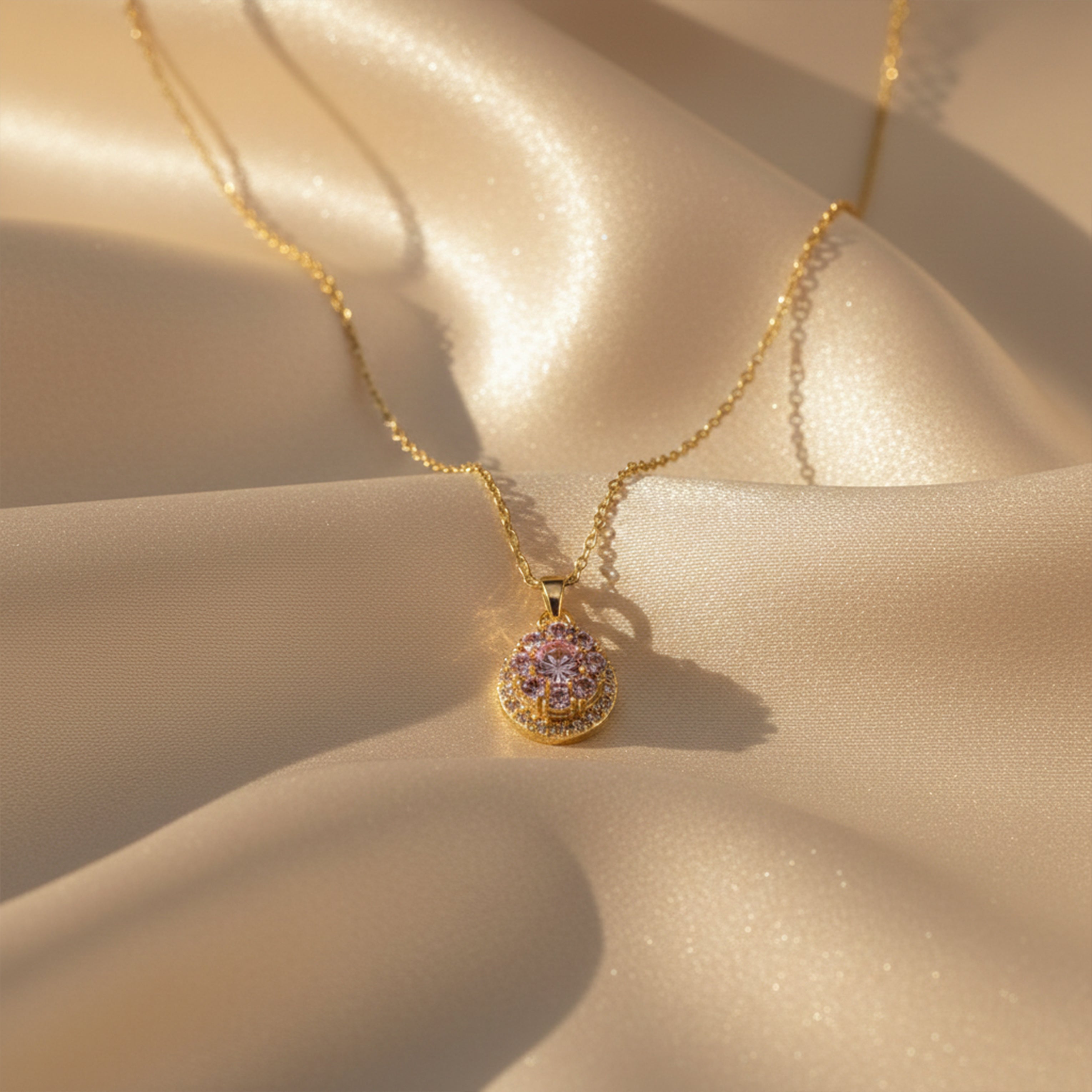 Pink Halo Round Pendant Necklace GWN -84
