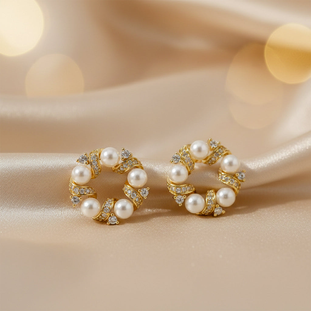 Pearl & Crystal Circle Stud Earrings GWE -165