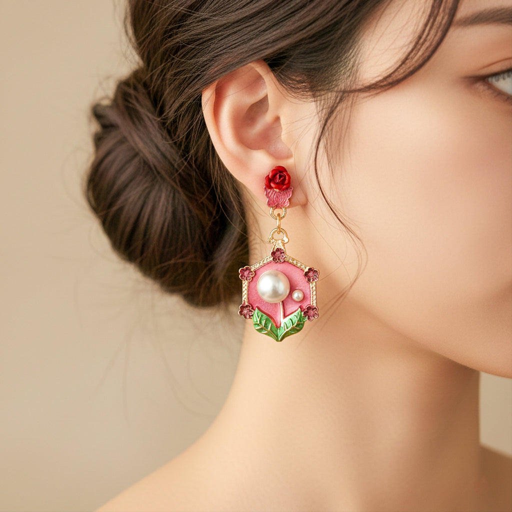 Red Floral Pearl Earrings GWE -228