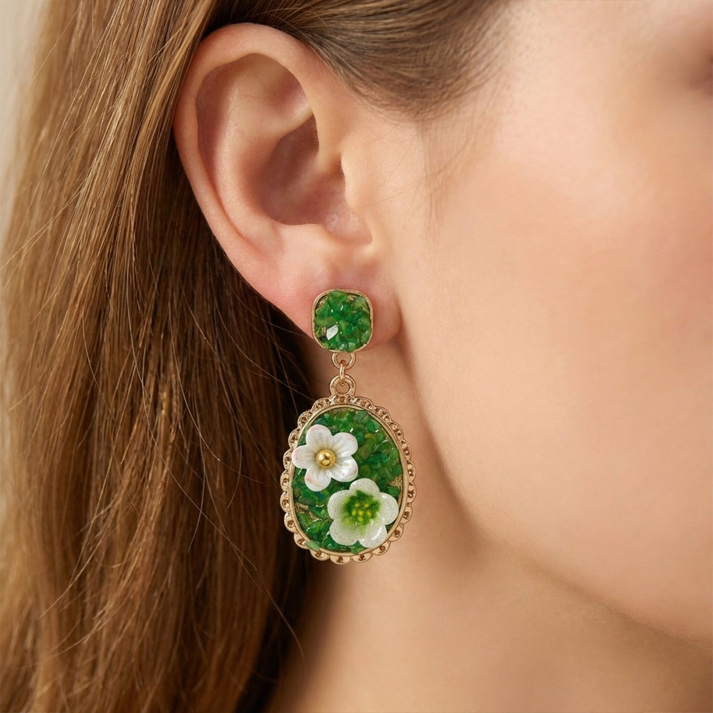 Green Floral Oval Drop Earrings GWE -205