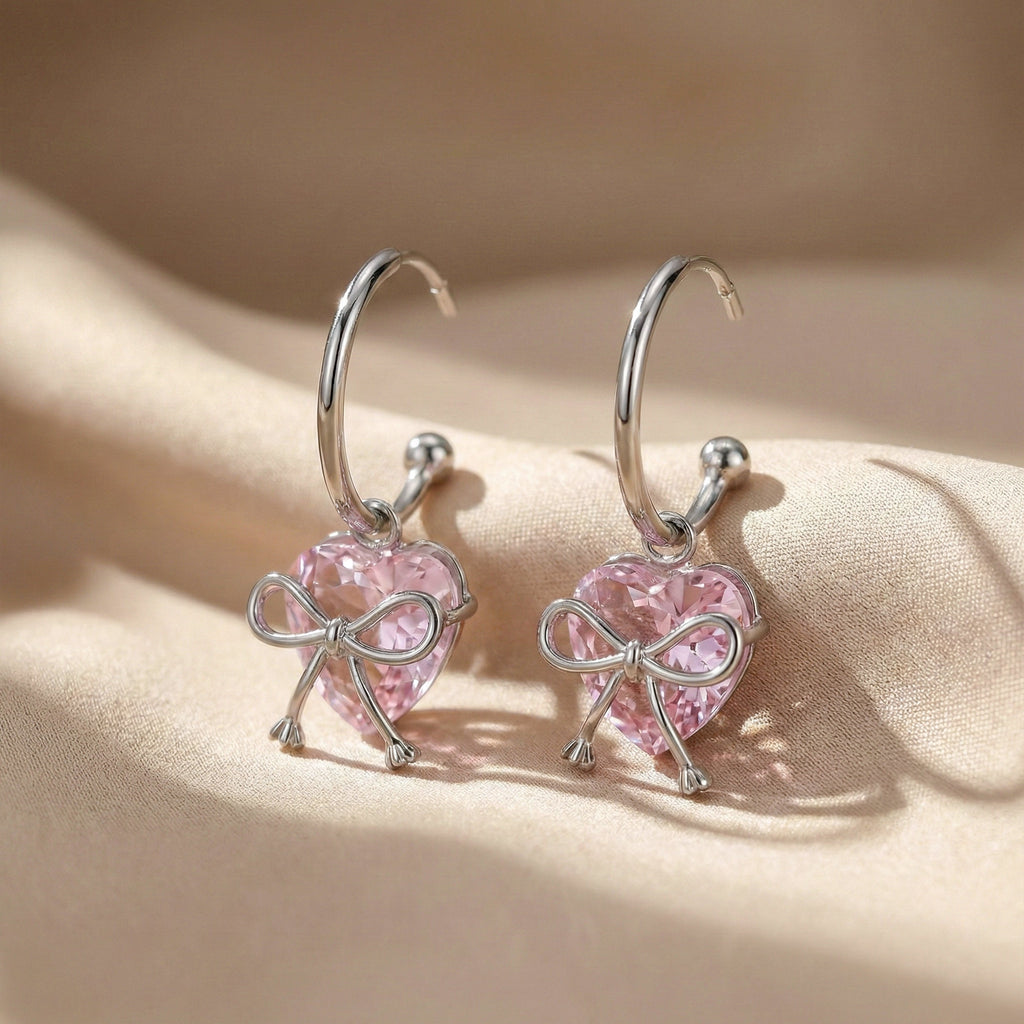 Silver Pink Heart Bow Hoop Earrings GWE -90