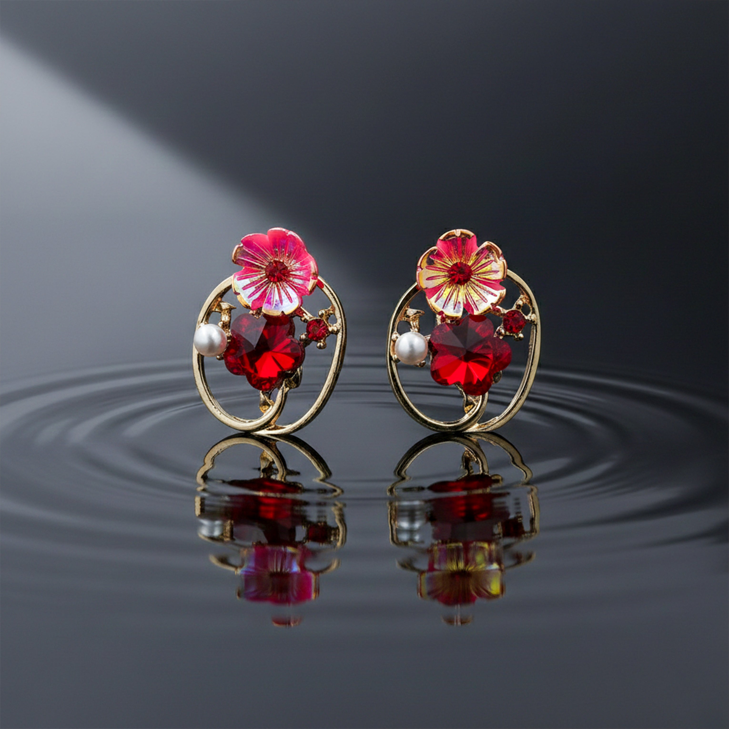 Red Floral Crystal Earrings GWE -227
