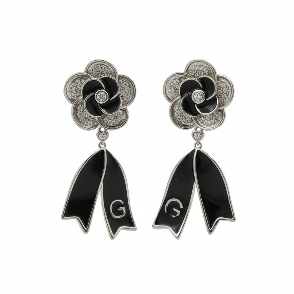 Onyx Silver Bloom Drop Earrings GWE -64