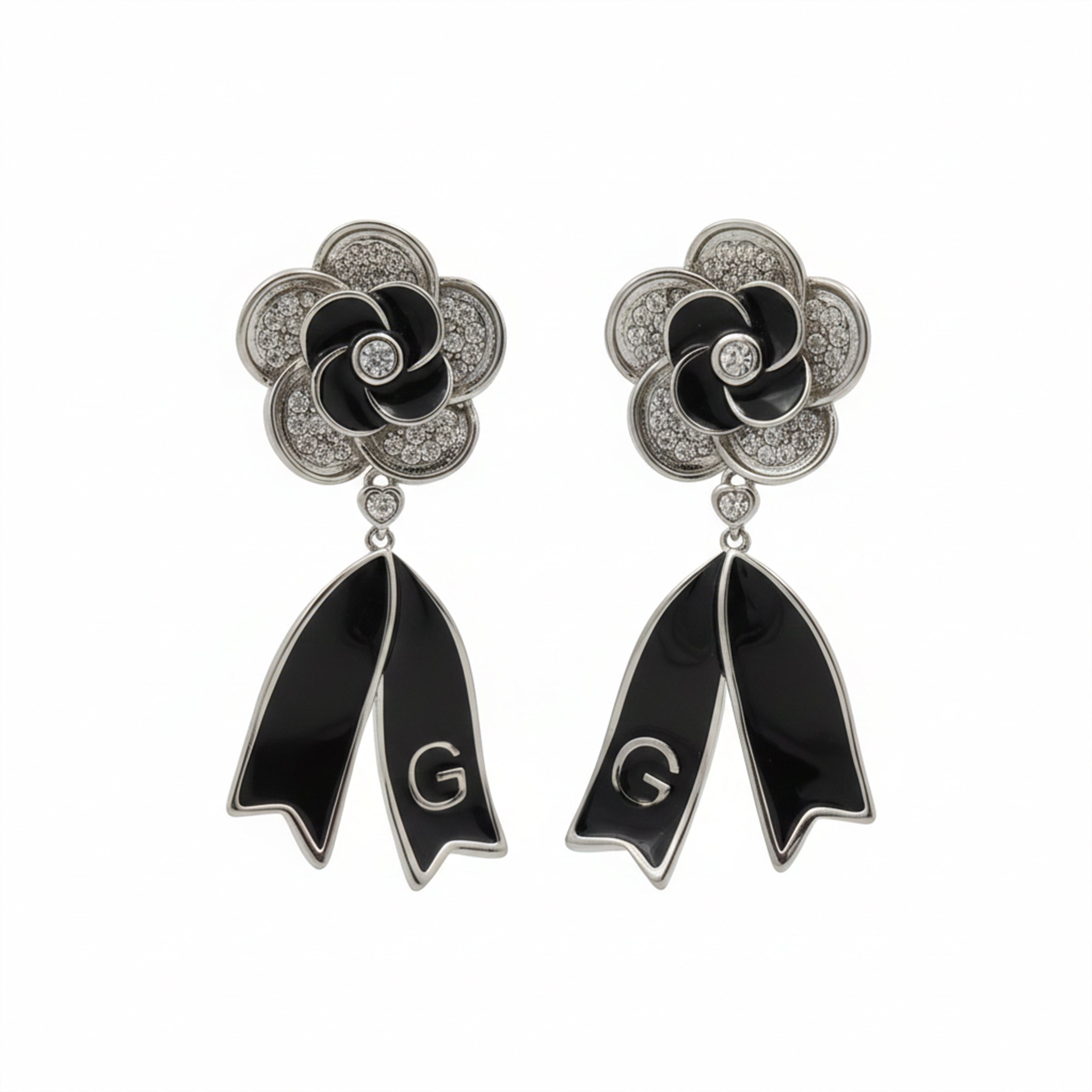 Onyx Silver Bloom Drop Earrings GWE -64