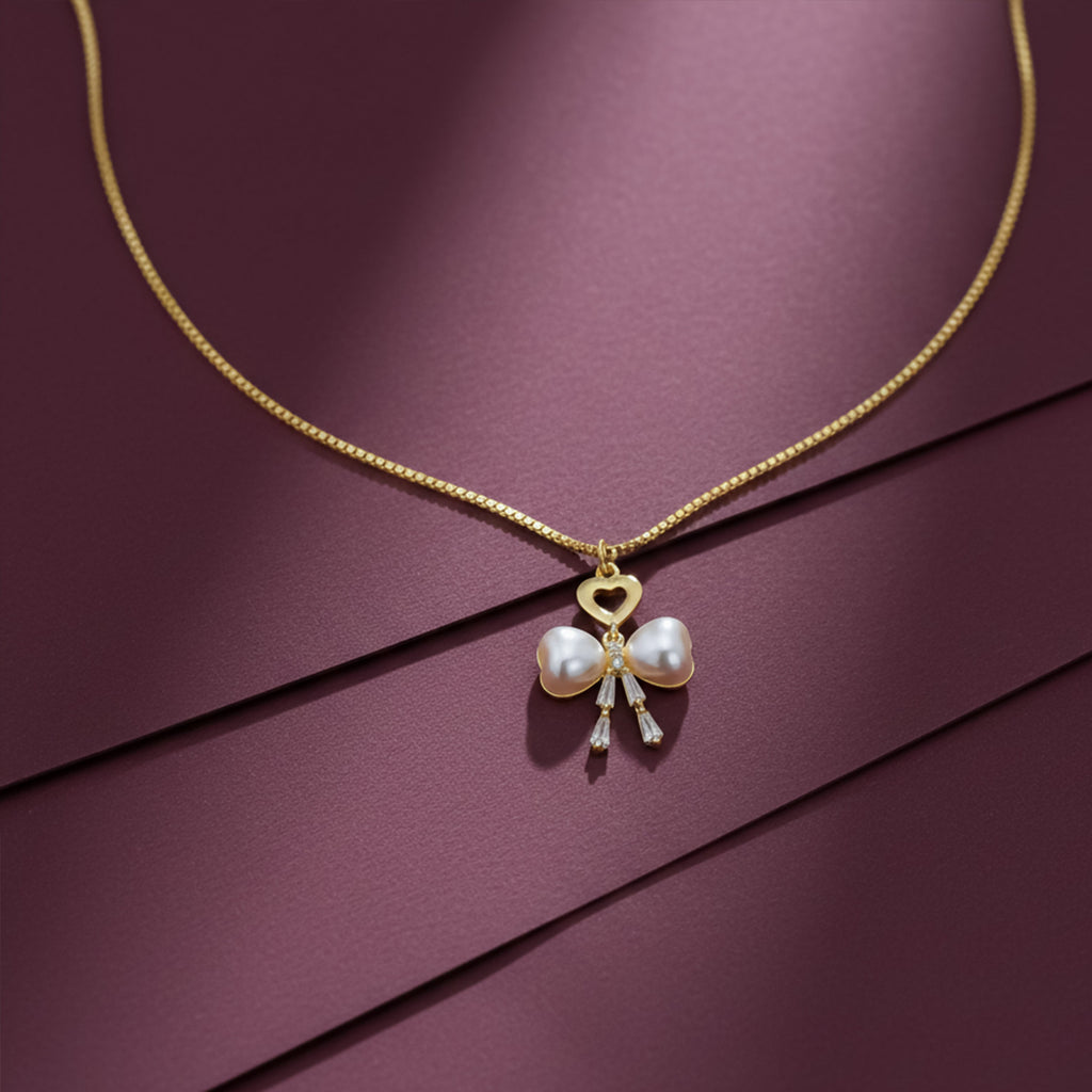 Golden Pearl Bow Heart Pendant Necklace GWN -51