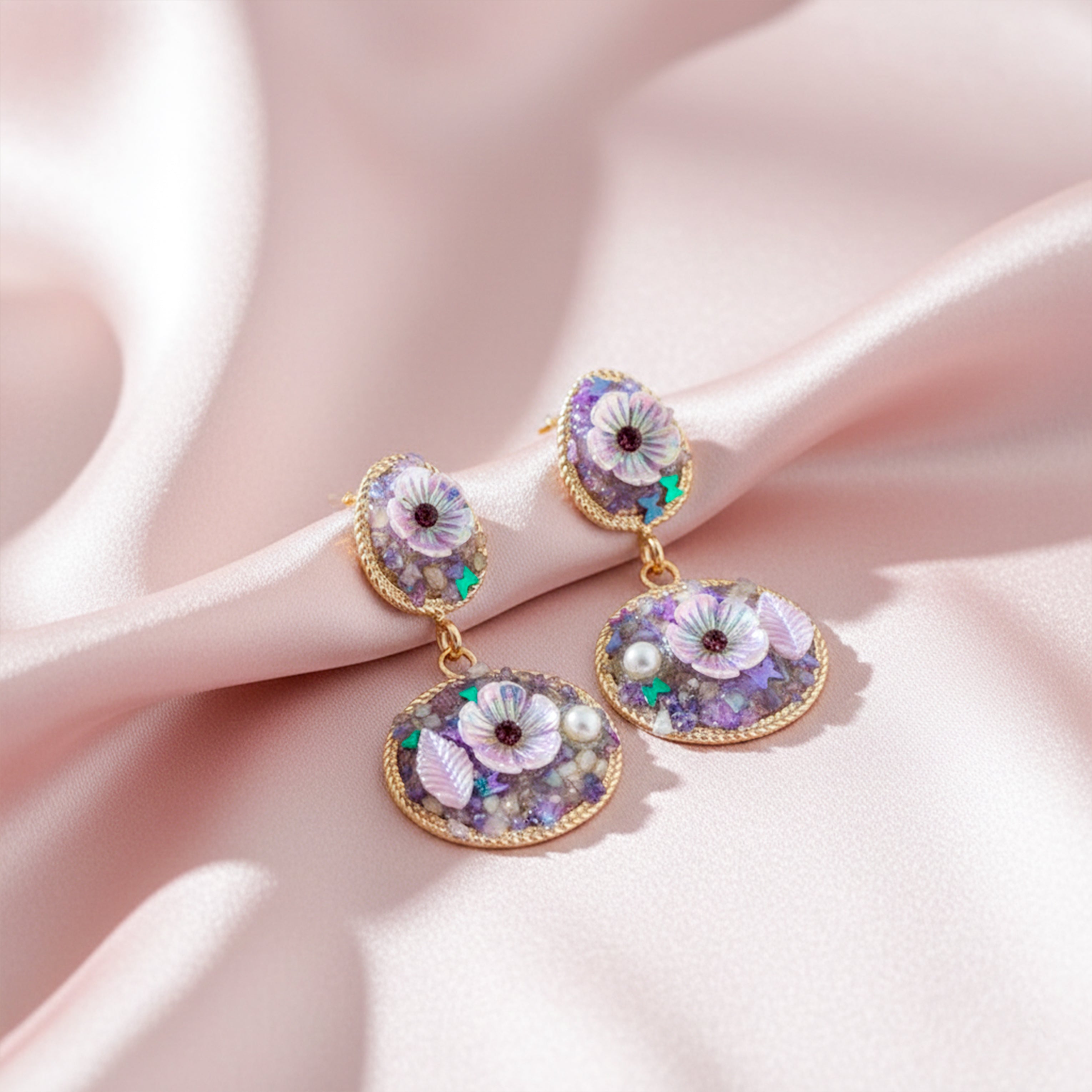 Lavender Floral Stone Drop Earrings GWE -244