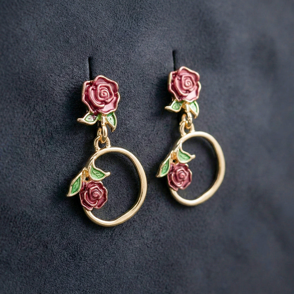 Rose Floral Hoop Drop Earrings GWE -175
