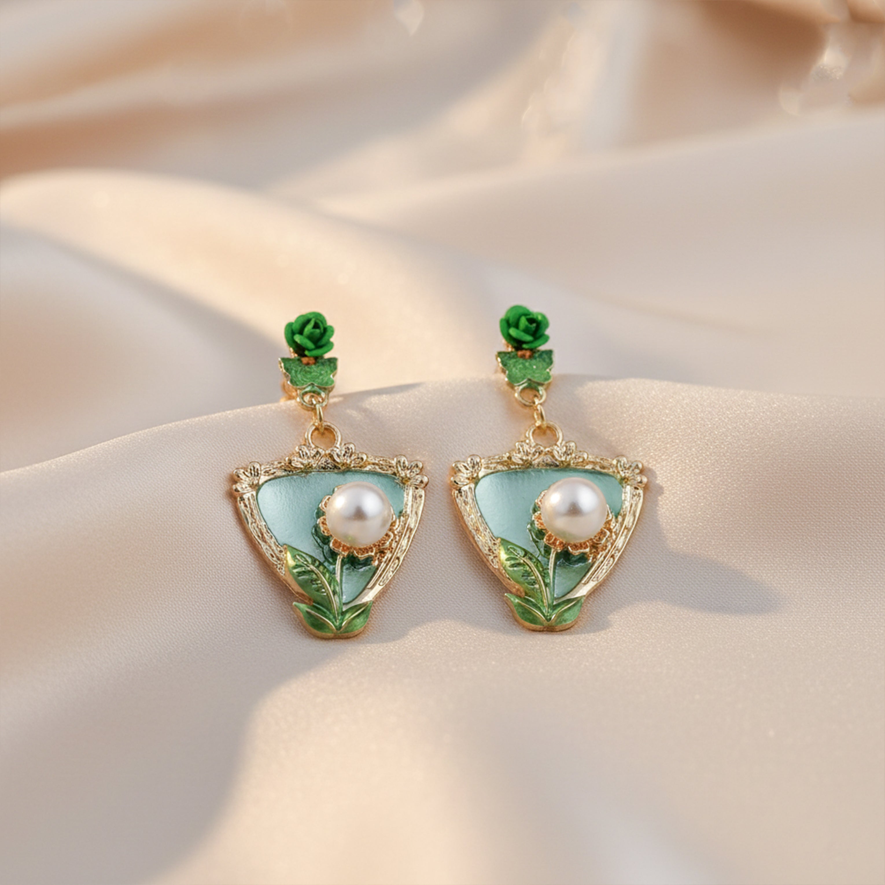 Emerald Rose Pearl Drop Earrings GWE -220