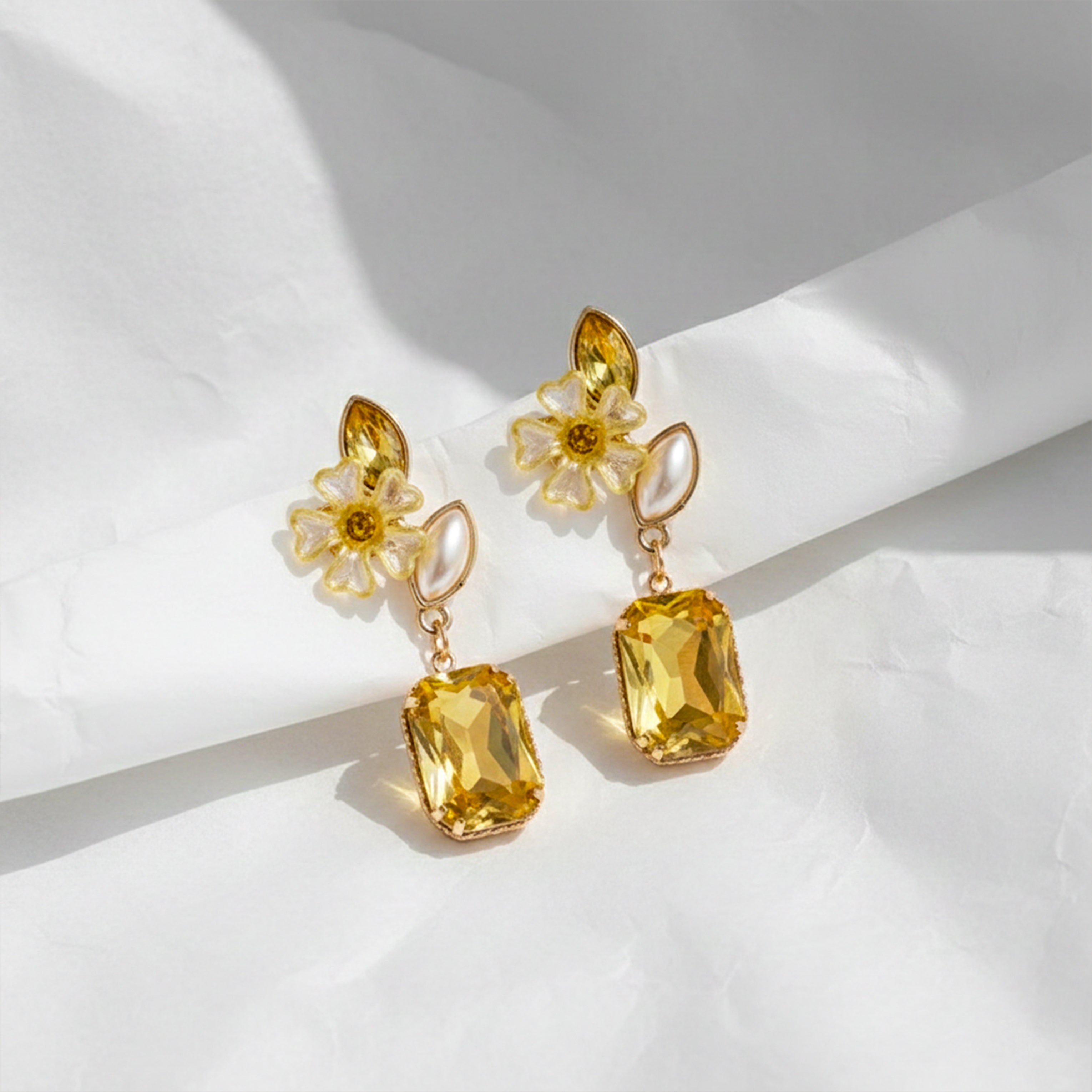 Yellow Floral Crystal Earrings GWE -245