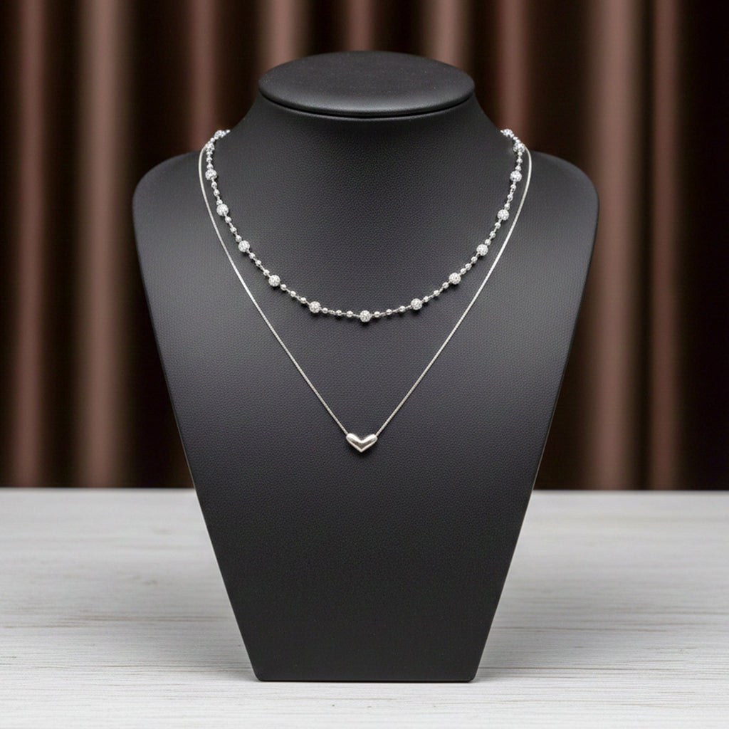 Silver Layered Heart & Spark Beaded Necklace GWN -64